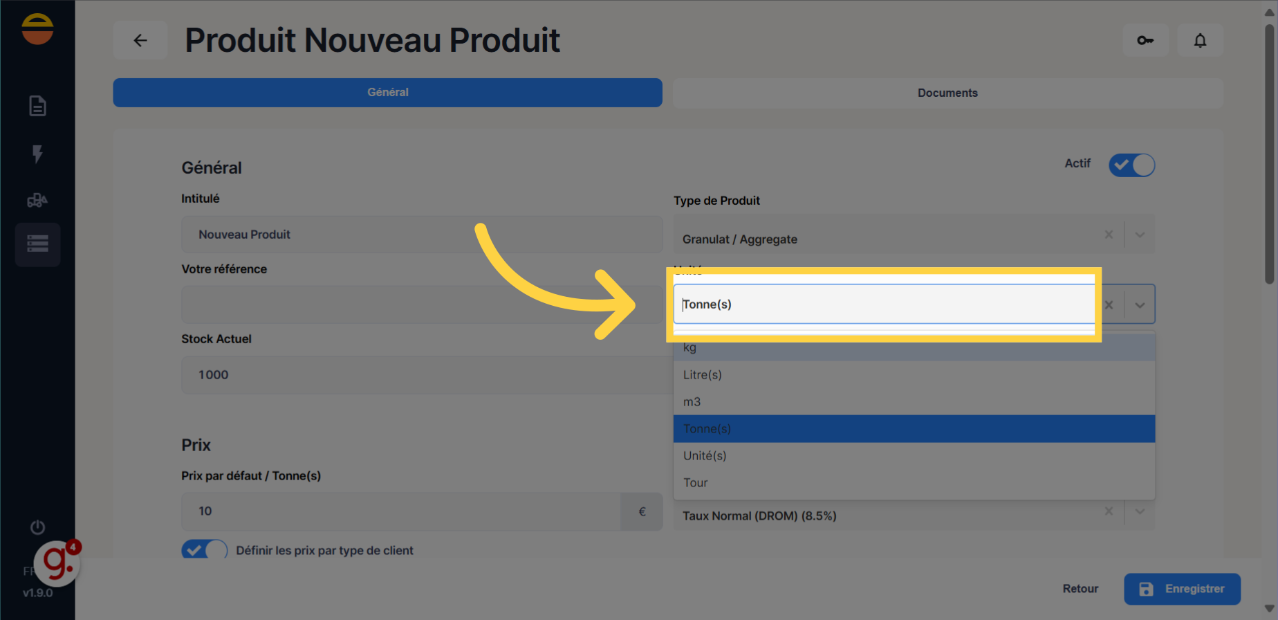 Sélectionner l'unité du stock