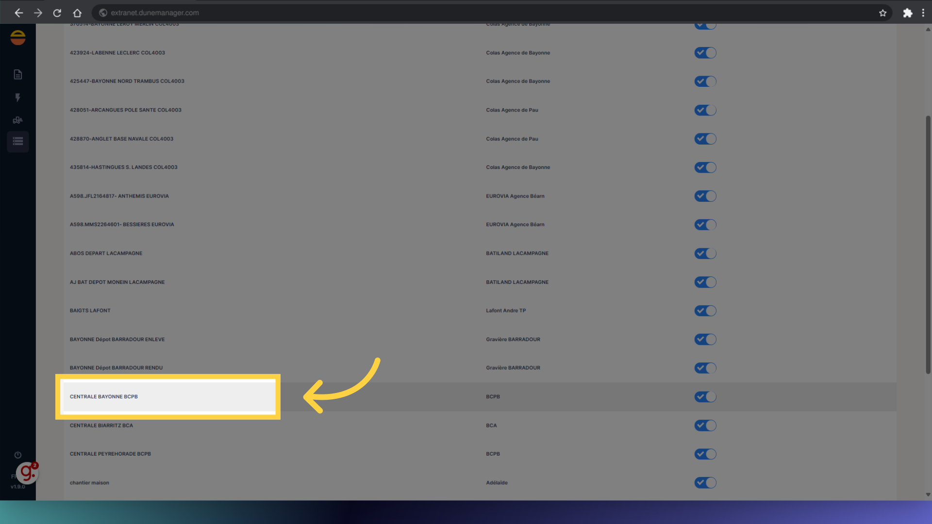 Sélectionnez le chantier souhaité