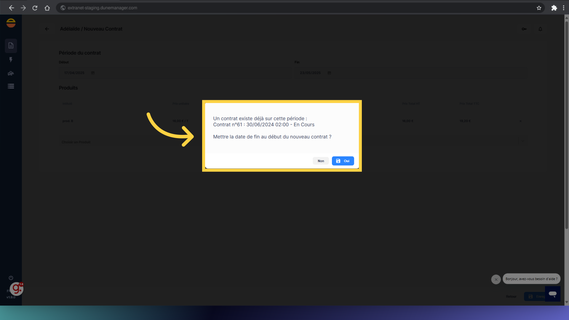 S'il existe un écart entre la date de fin et date de début, ce message s'affiche