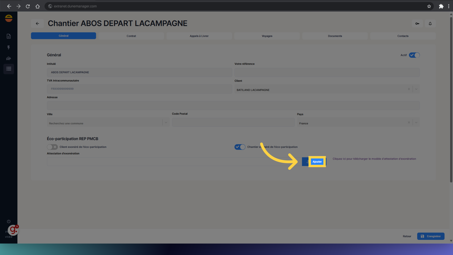 Cliquez 'Ajouter' pour ajoutez le document d'exonération