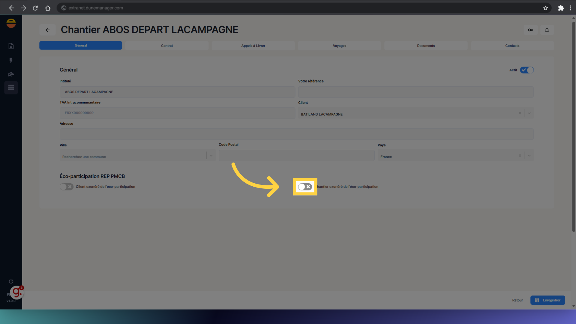 Cocher la case d'exonération pour un chantier