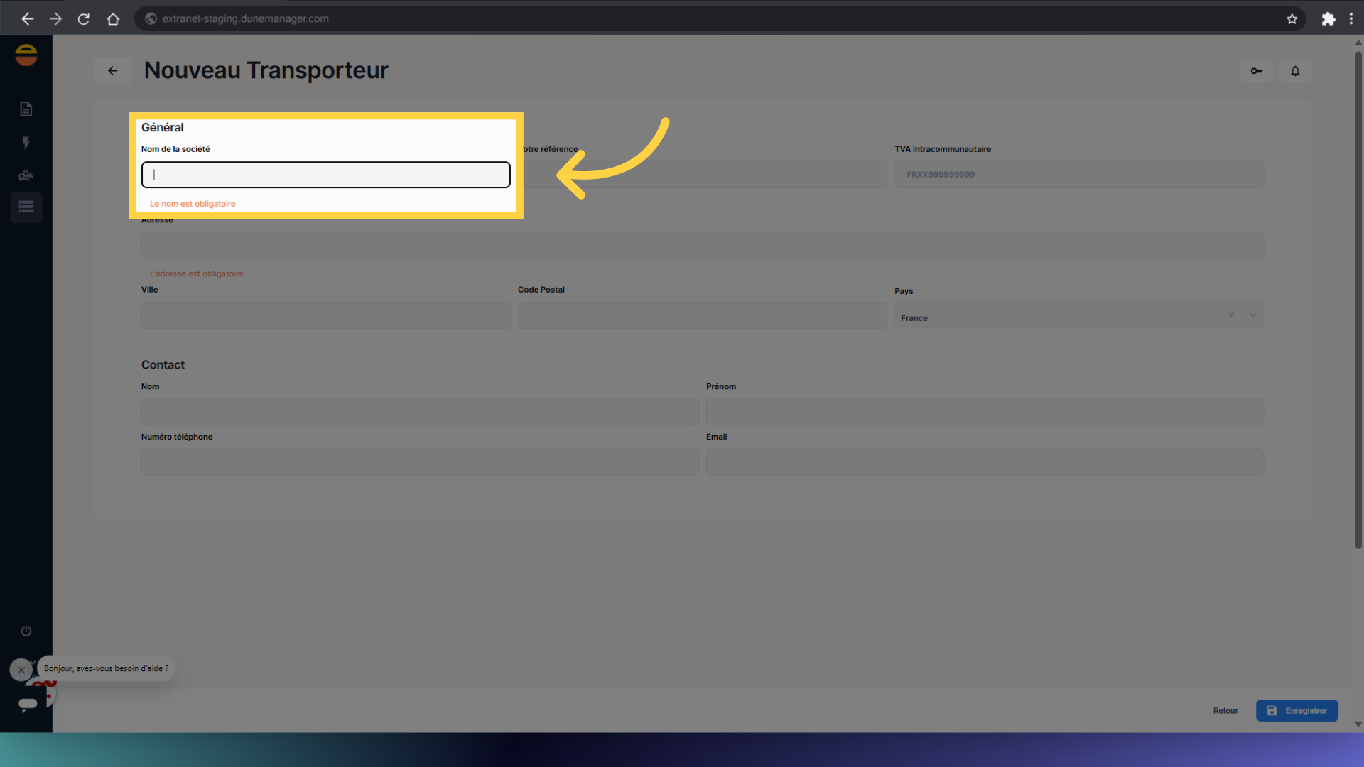 Saisissez le Nom du Transporteur