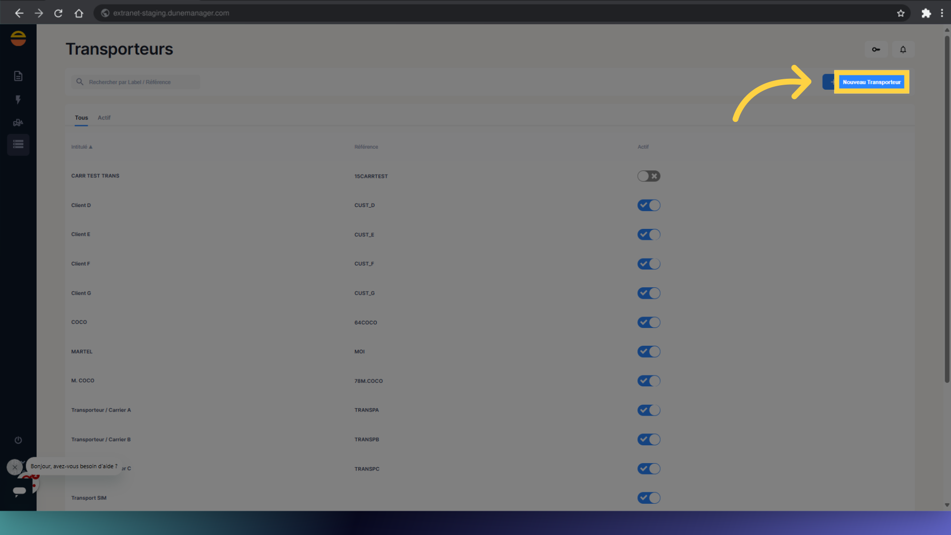 Cliquez 'Nouveau Transporteur'