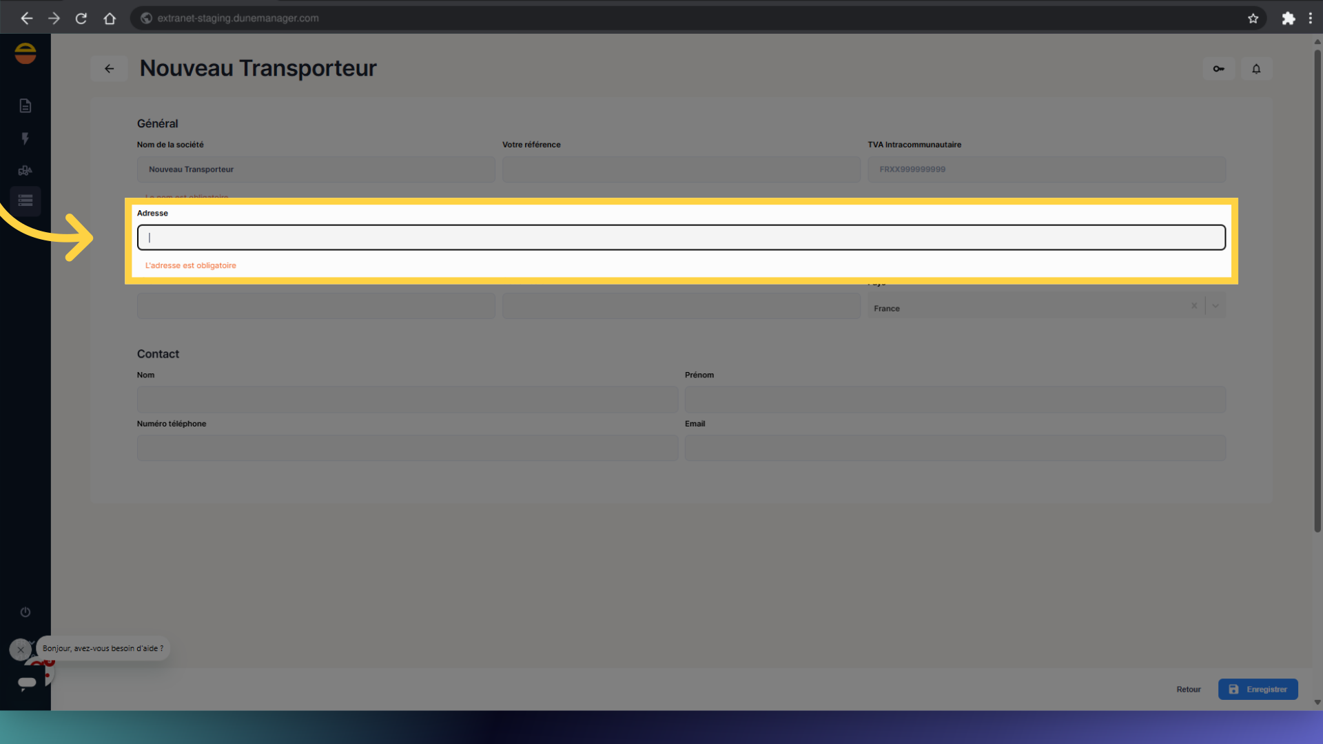 Remplir l'adresse du Transporteur