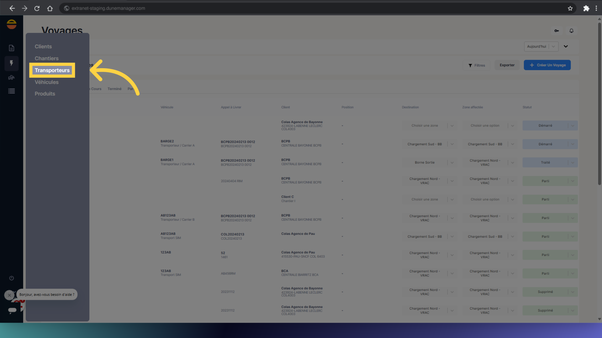 Cliquez 'Transporteurs'