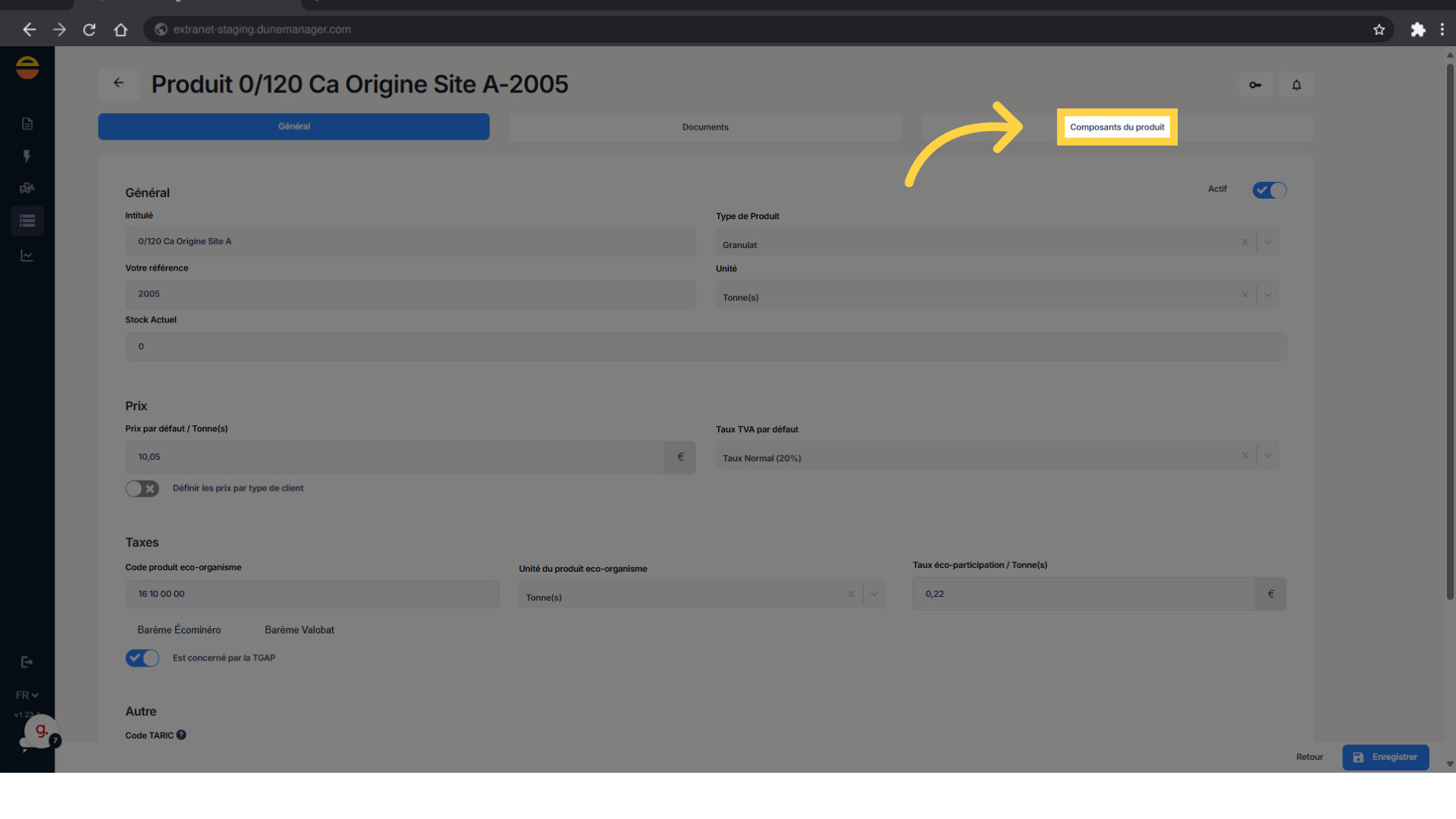 Cliquez sur 'Composants du produit'