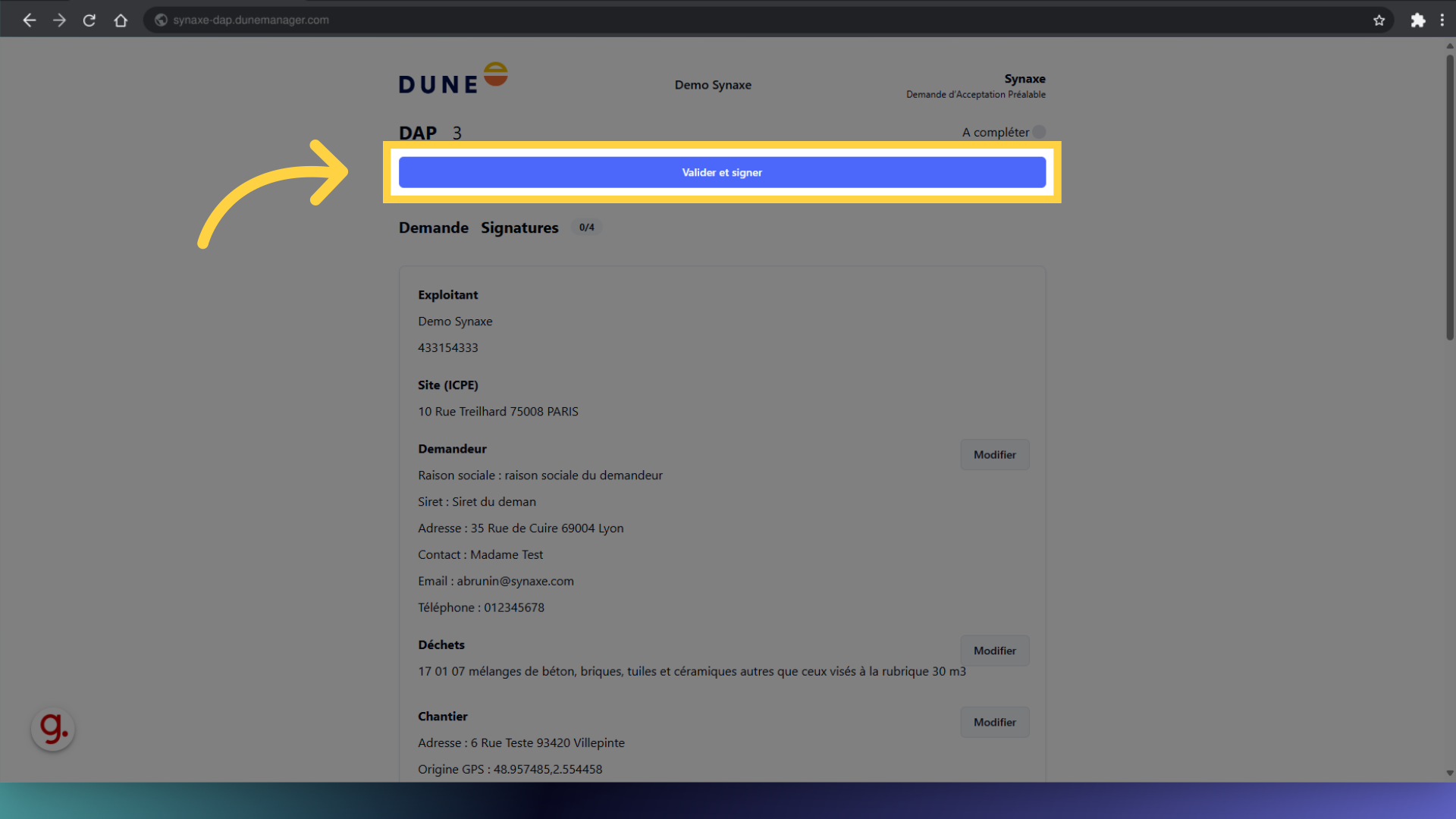 Cliquez 'Valider et signer'