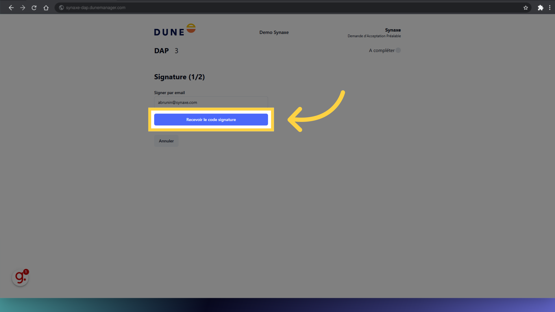 Cliquez 'Recevoir le code signature'