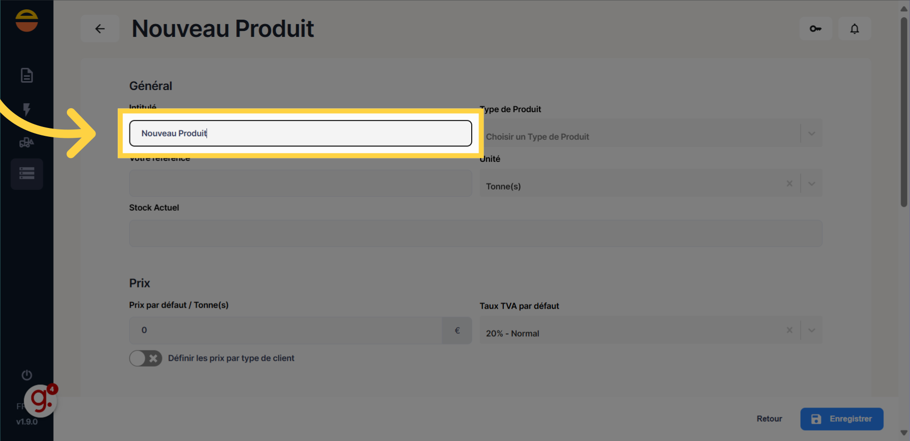 Remplir 'Nouveau Produit'