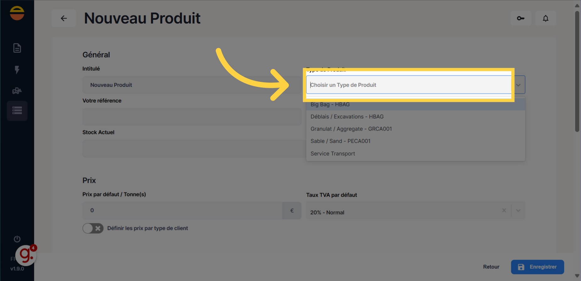 Renseignez le type de produit