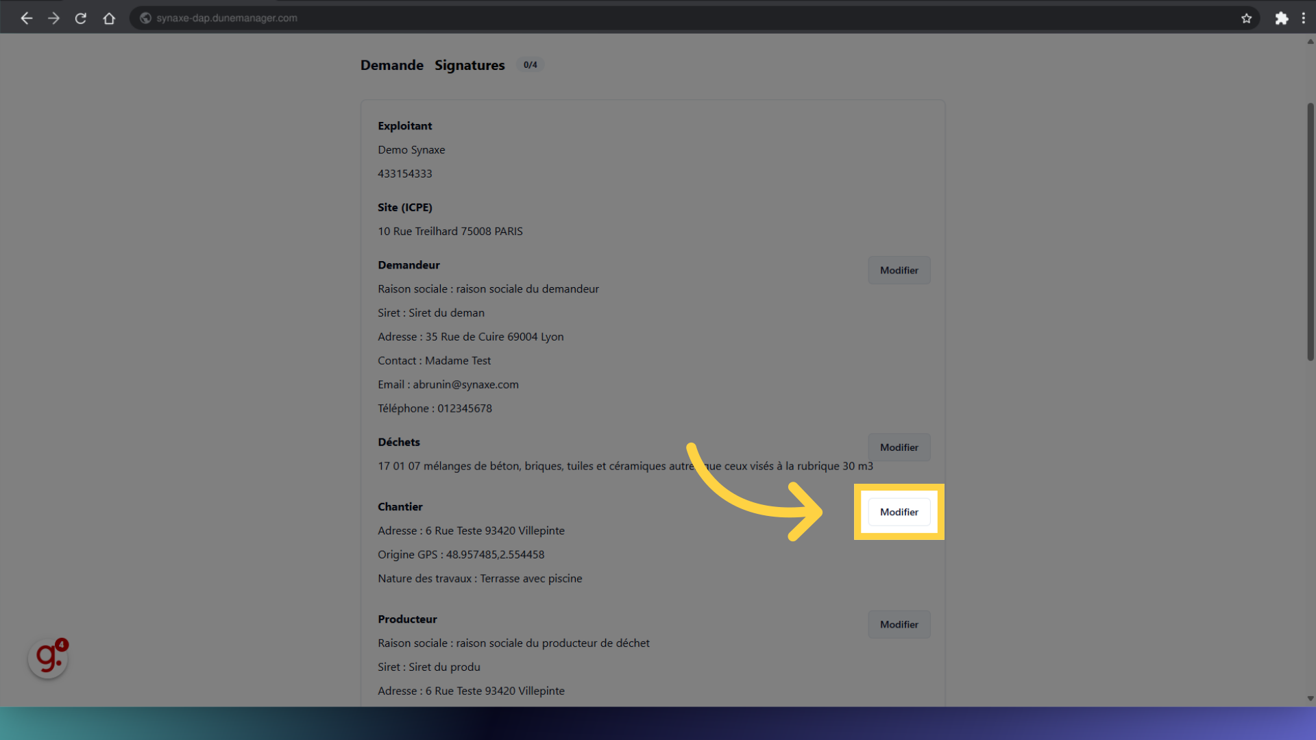 Cliquez 'Modifier' dans la section souhaitée