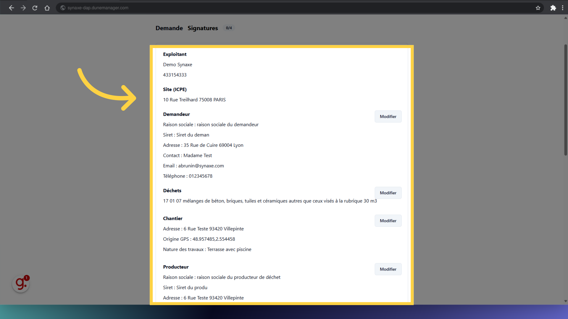 Le détail de la DAP s'ouvre