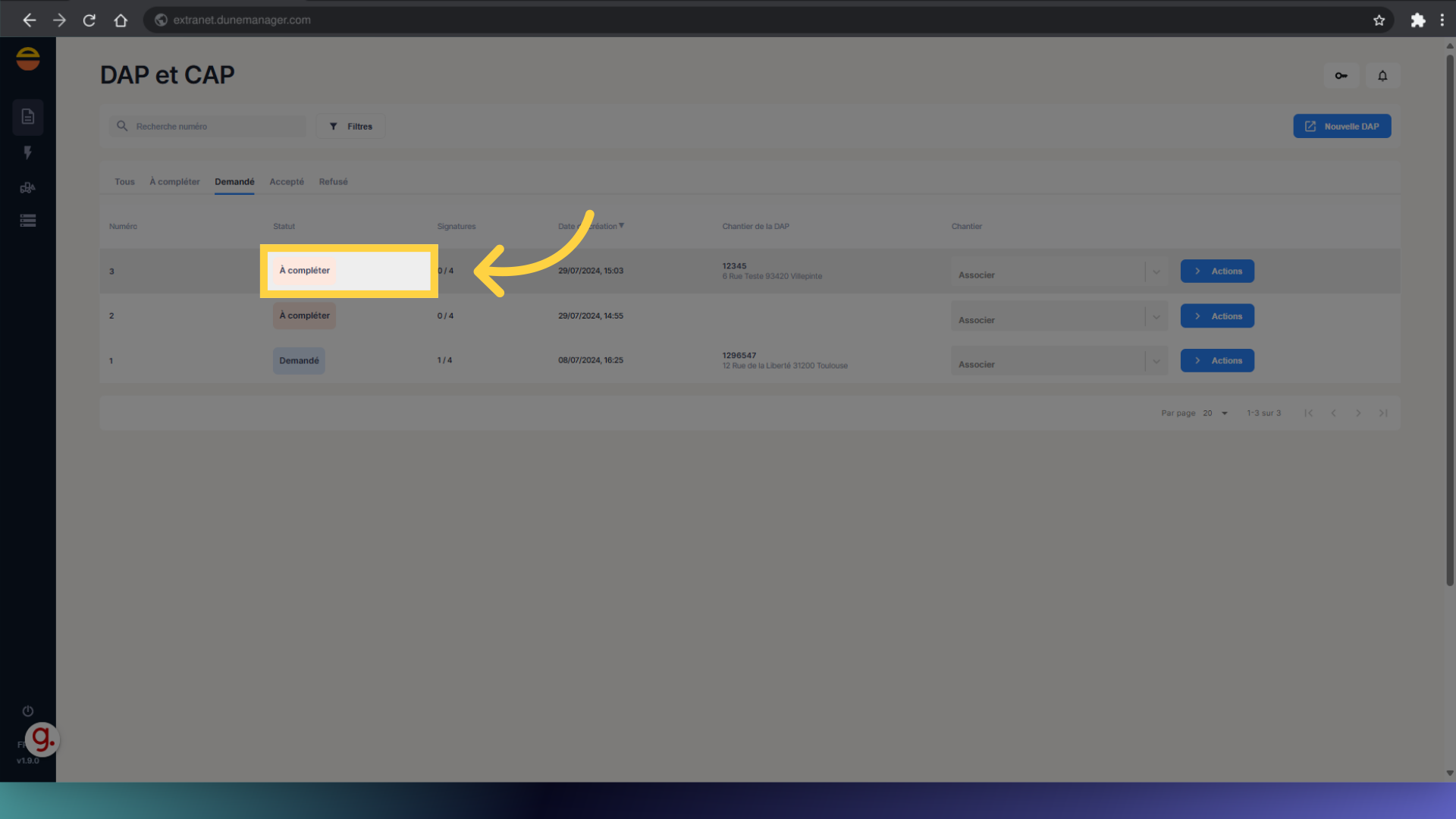 Cliquez sur une DAP en statut 'À compléter'