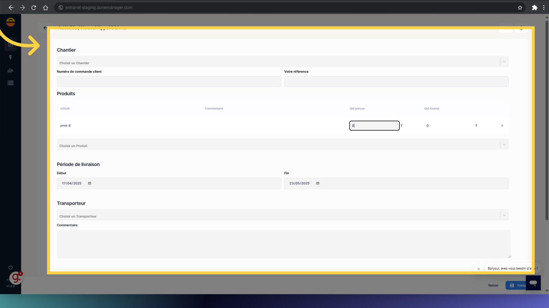 Renseignez les informations de l'Appel à Livrer