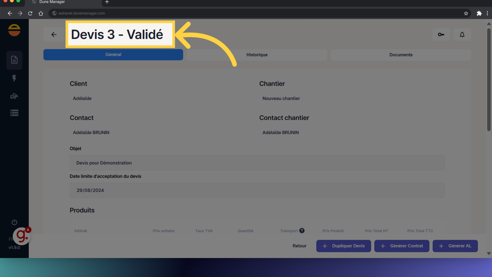 Le Devis passe automatiquement en Validé
