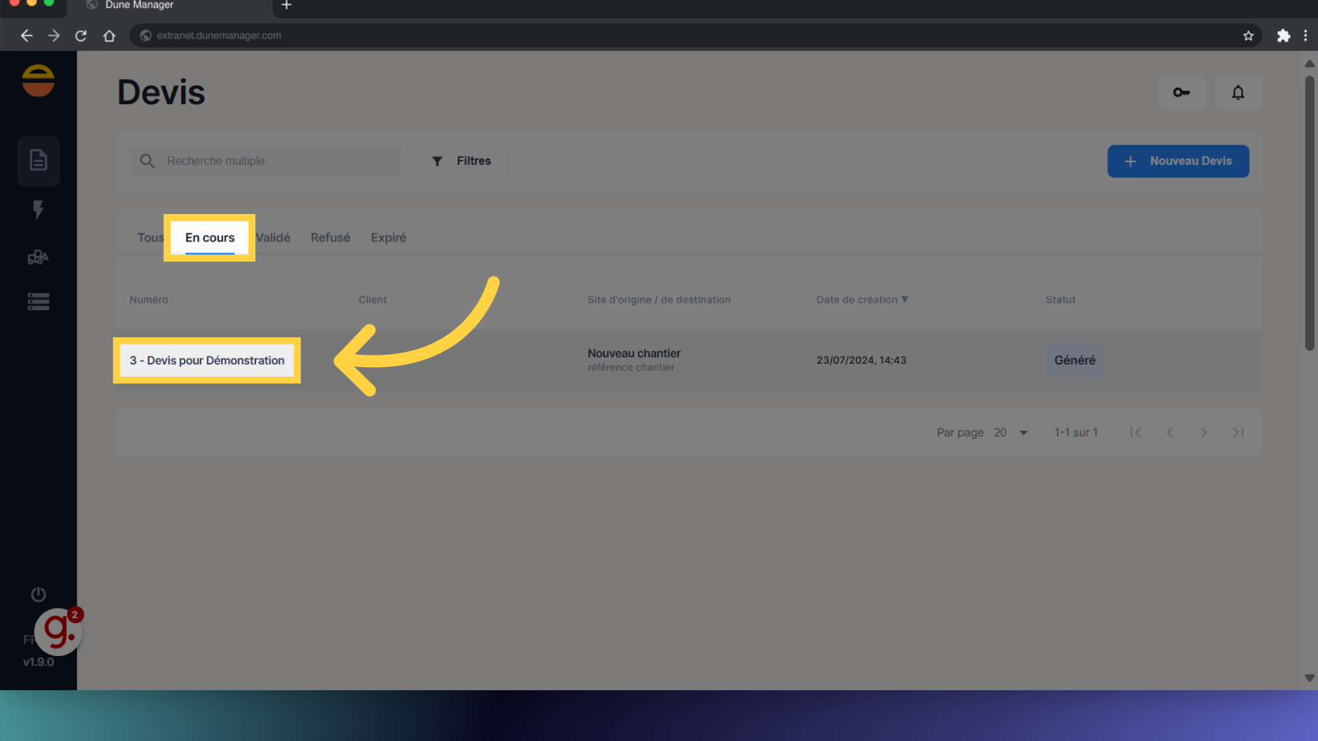 Sélectionnez le devis souhaité dans la liste 'en cours'