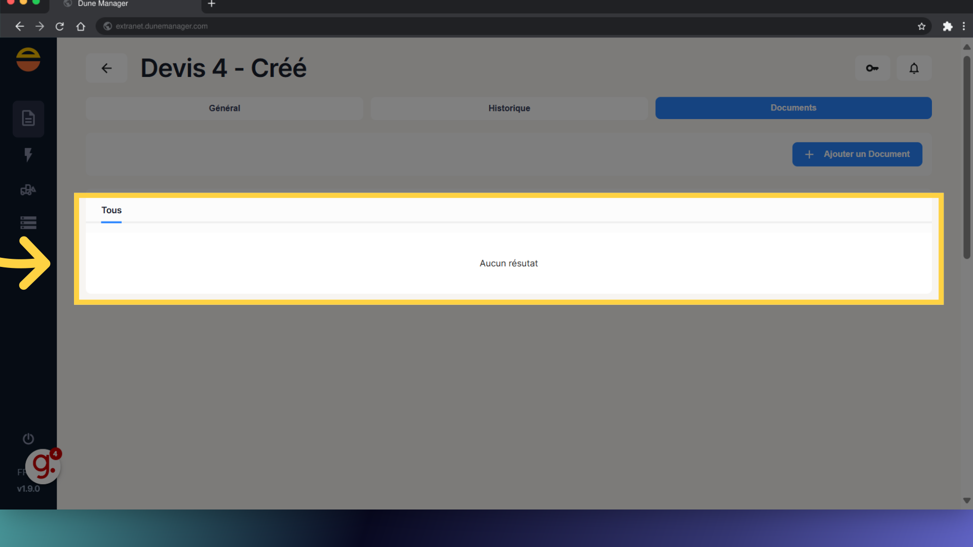 Vue des documents du Devis