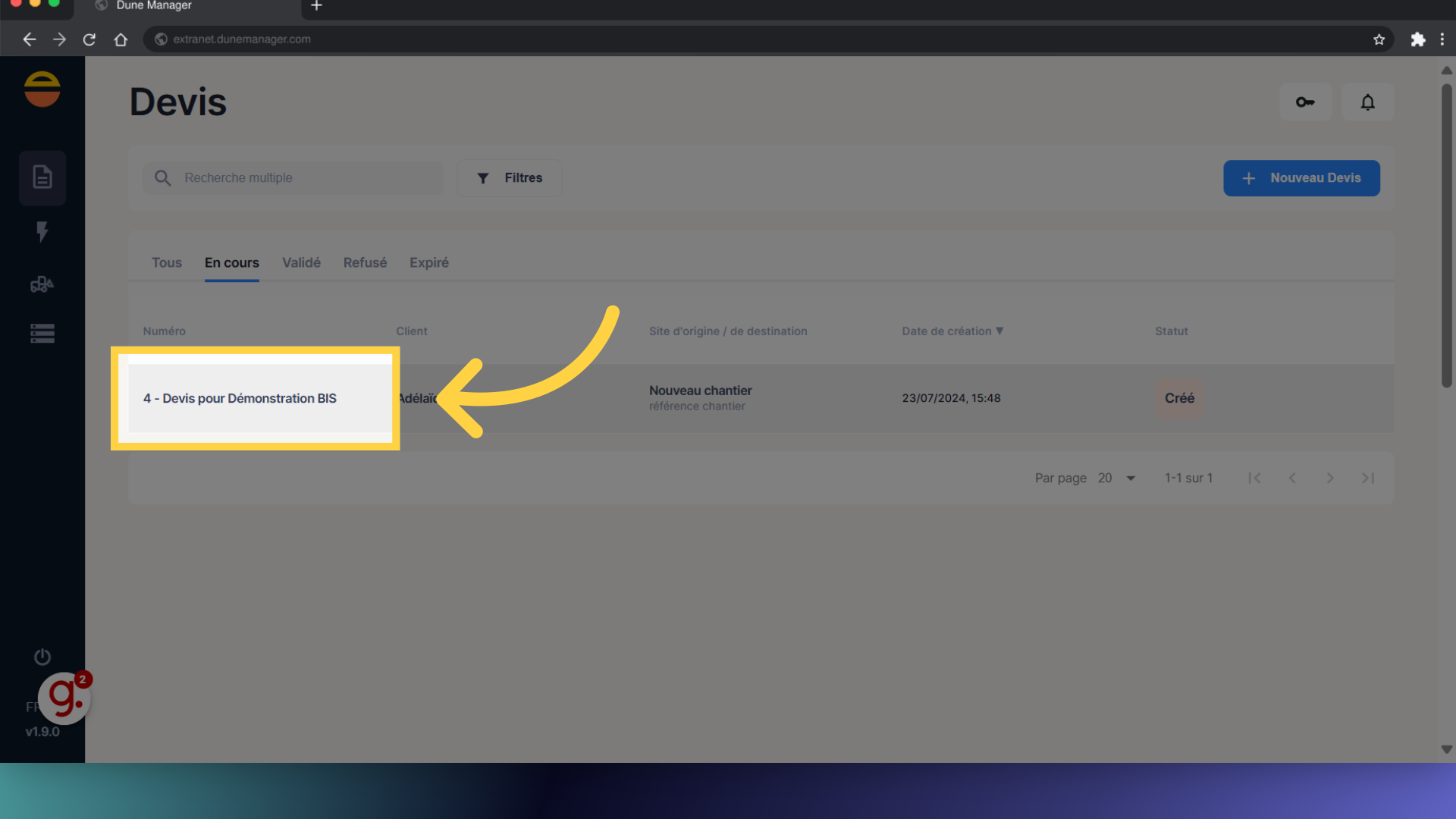 Sélectionnez le devis souhaité