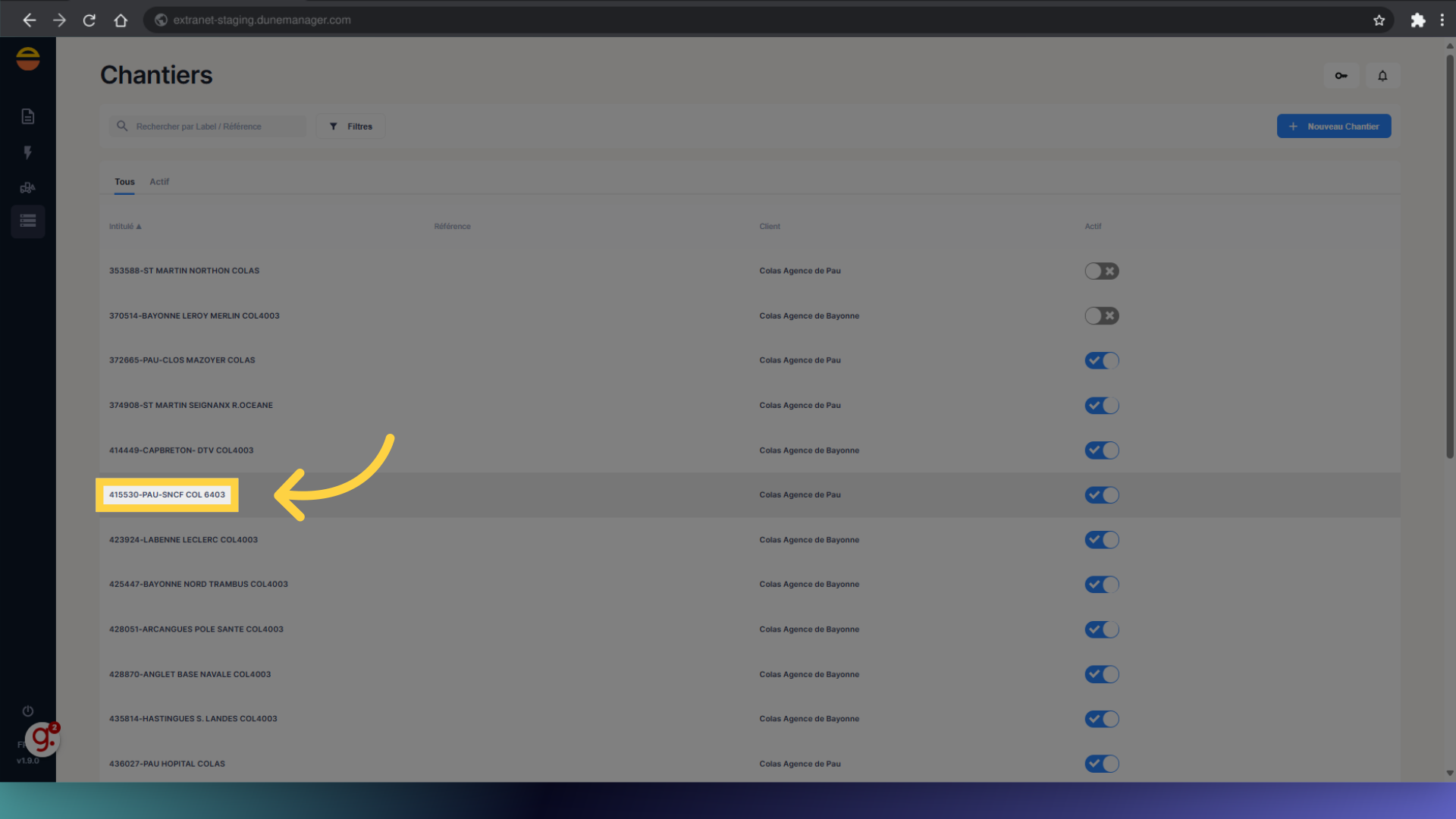 Sélectionnez le chantier souhaité