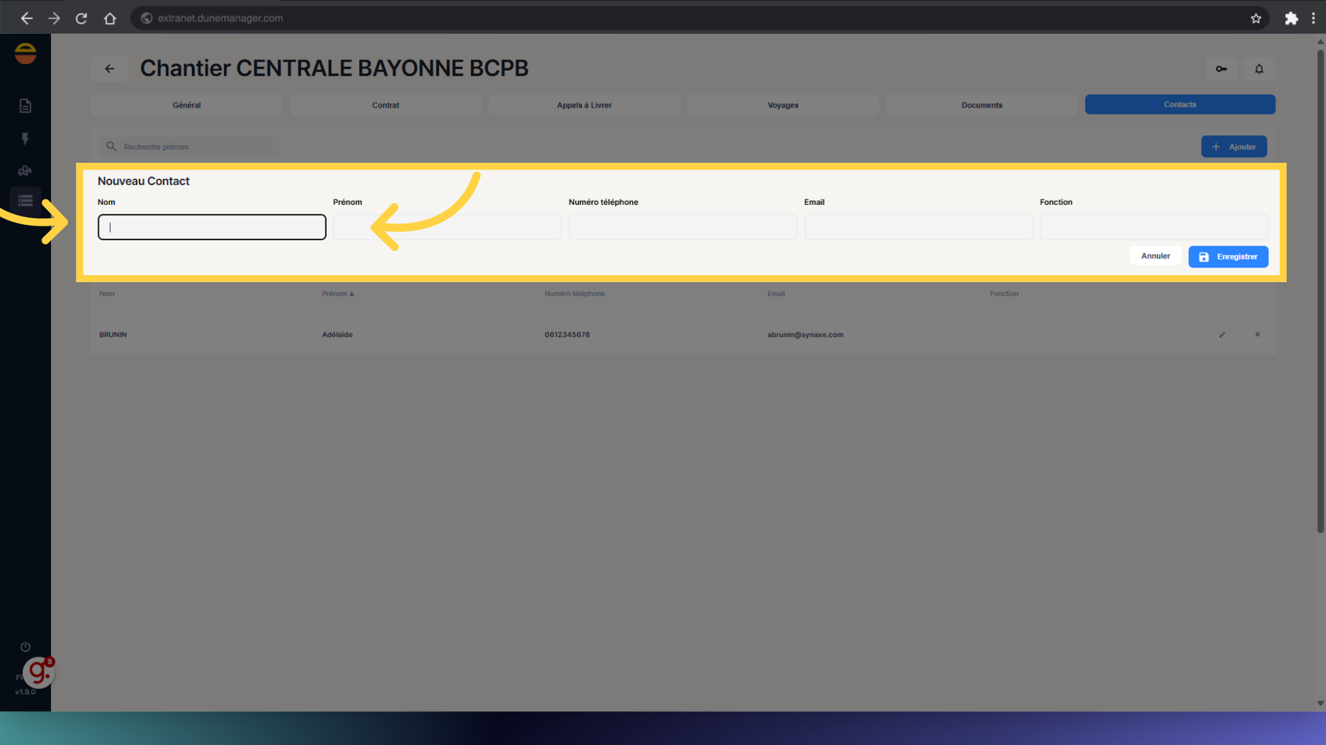 Remplir les champs du nouveau contact