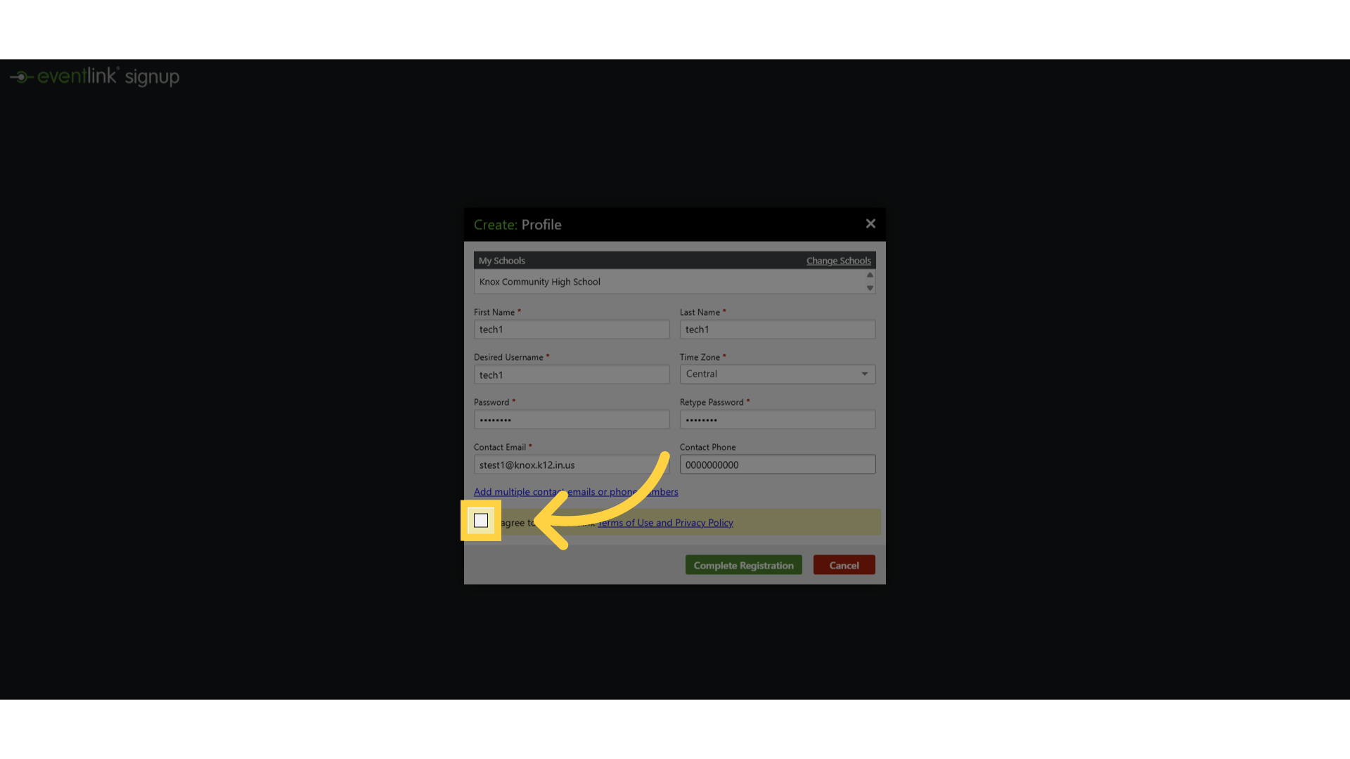 Click ' I agree to the Eventlink Terms of Use and Privacy Policy'