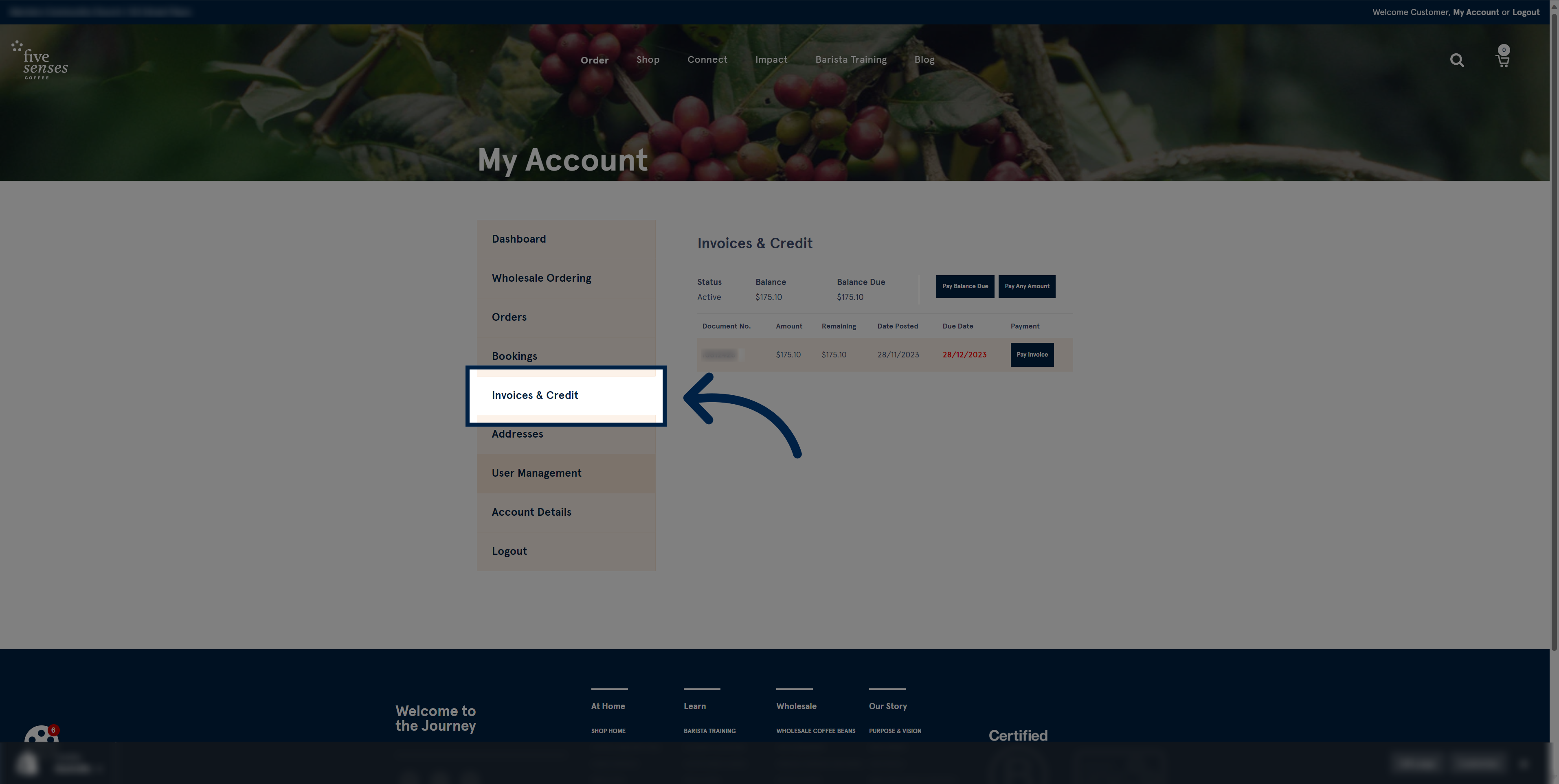 To access your open Invoices (Admin Only), click 'Invoices & Credit'