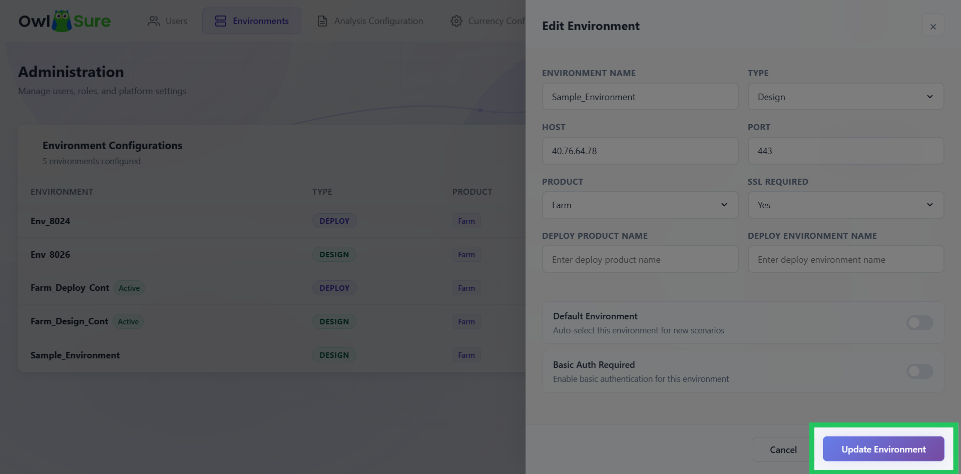 Update Environment Settings