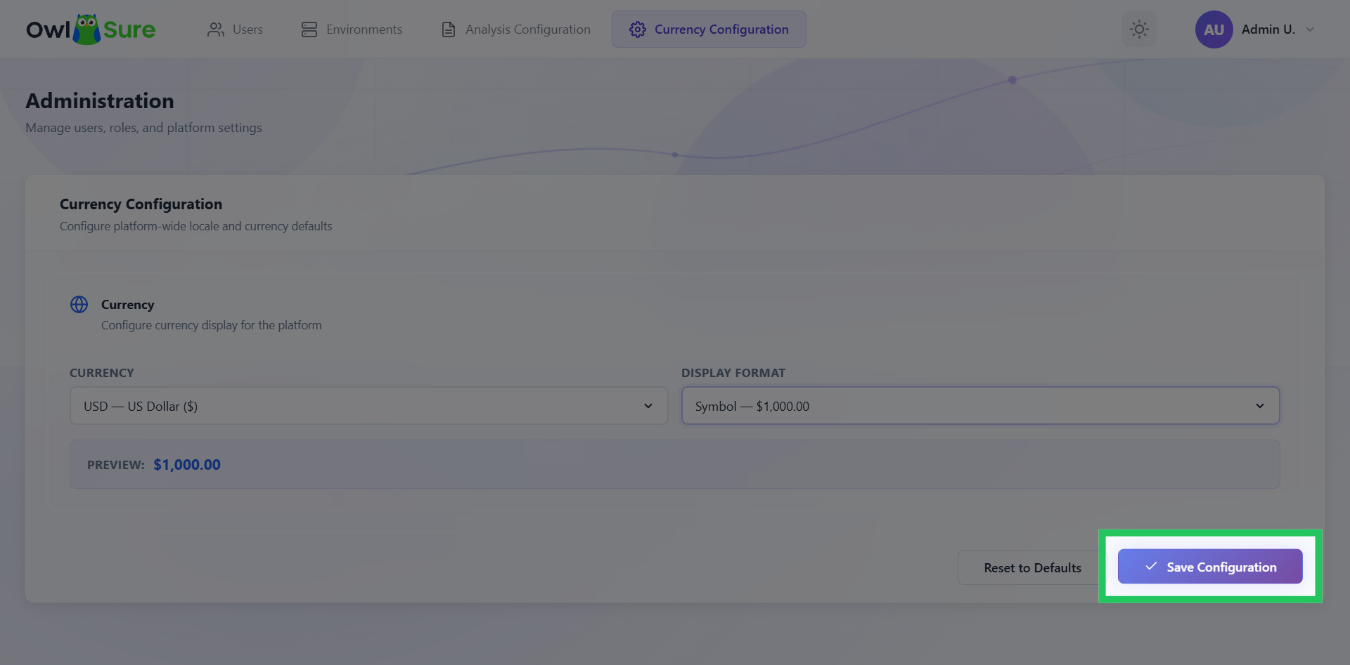 Save Currency Configuration