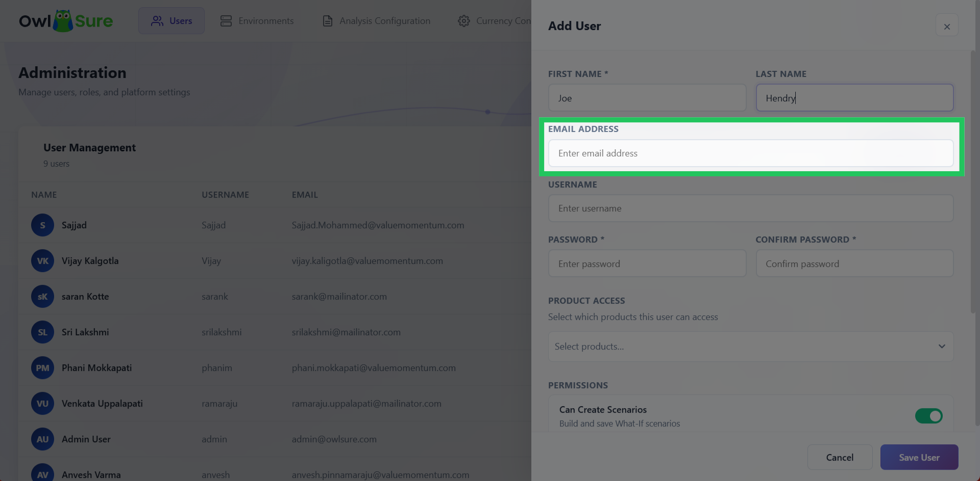 Enter User Email Address