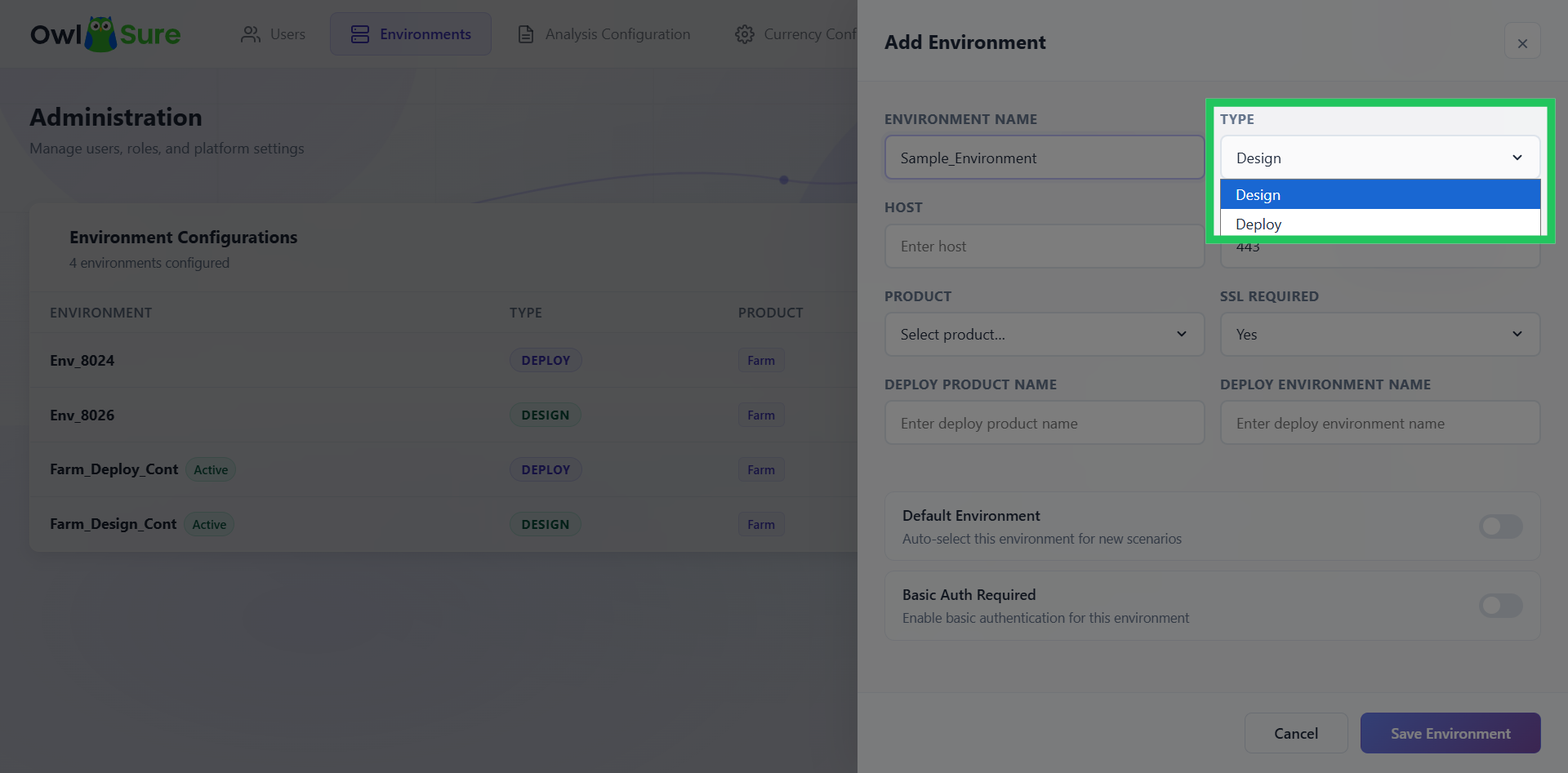 Select Environment Type