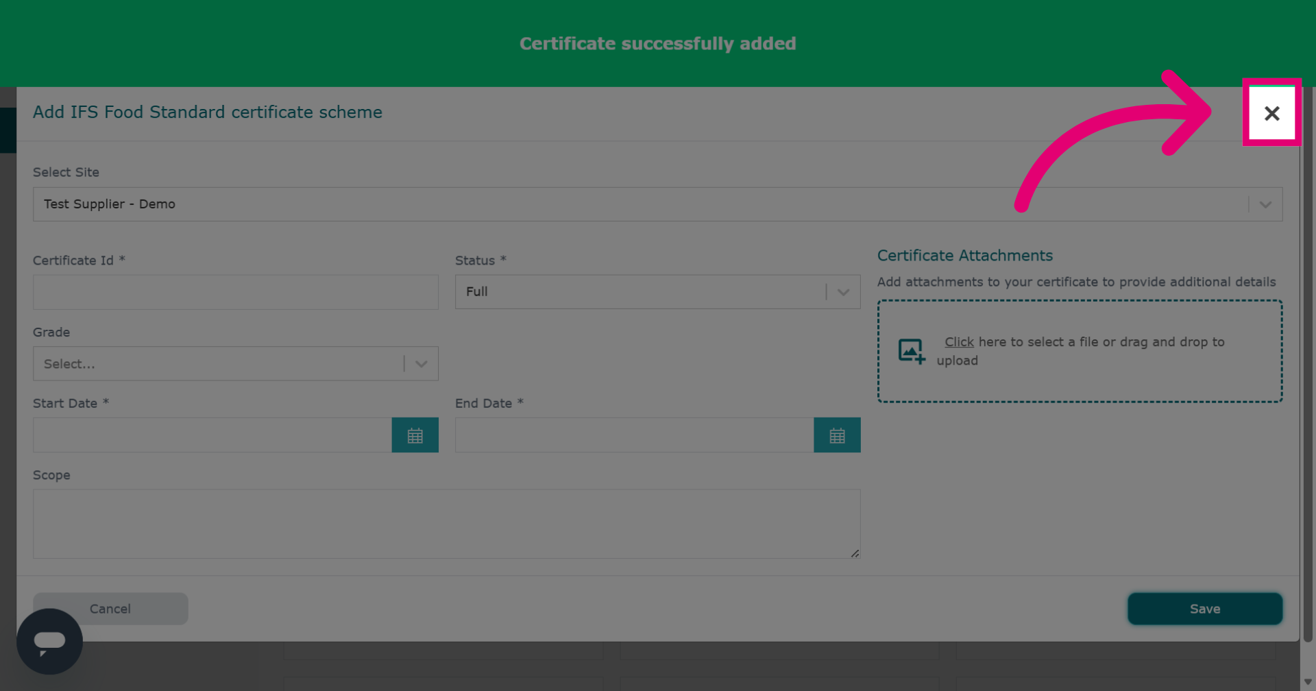 Close Certificate Window