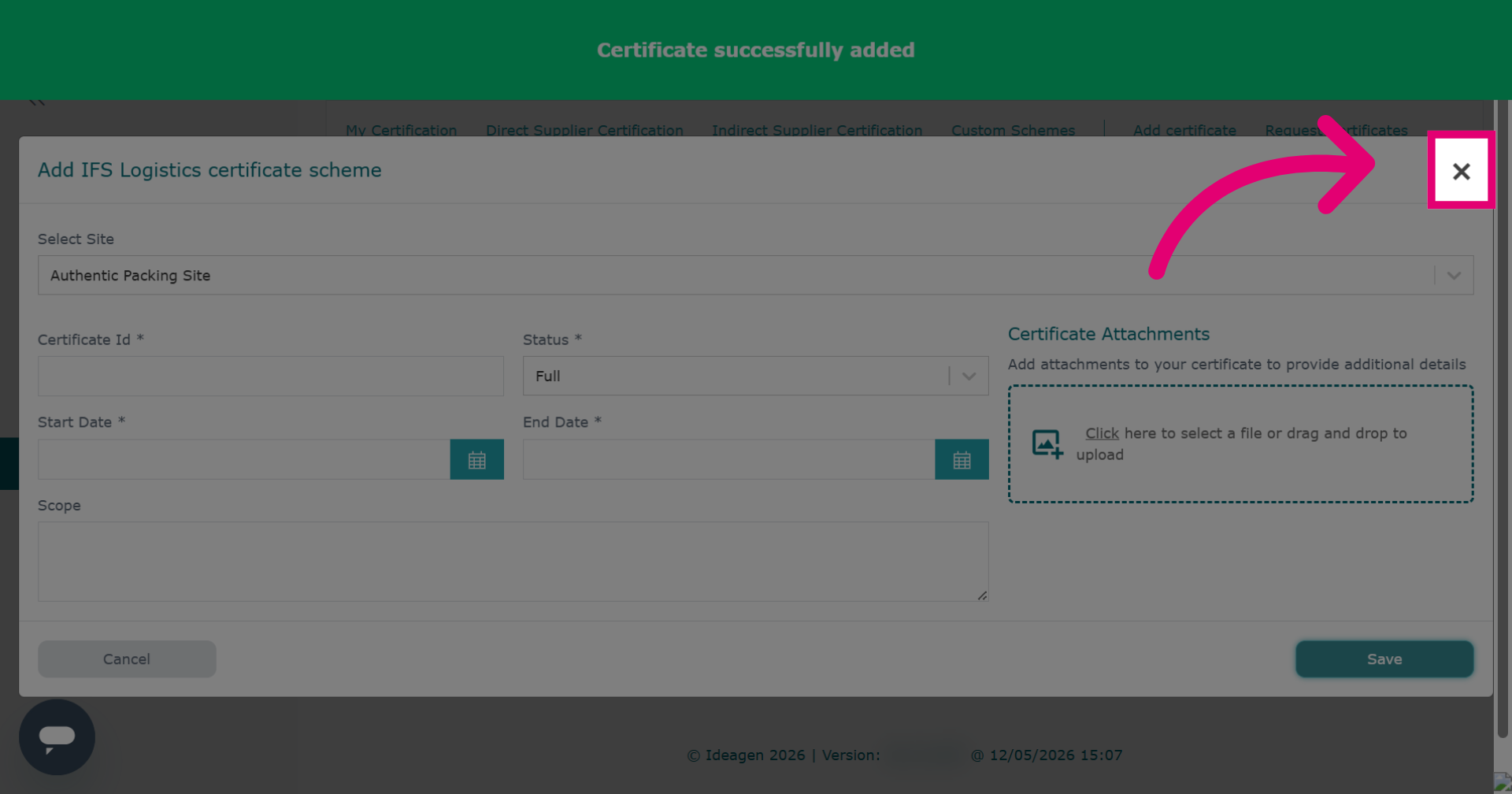 Close Certificate Dialog