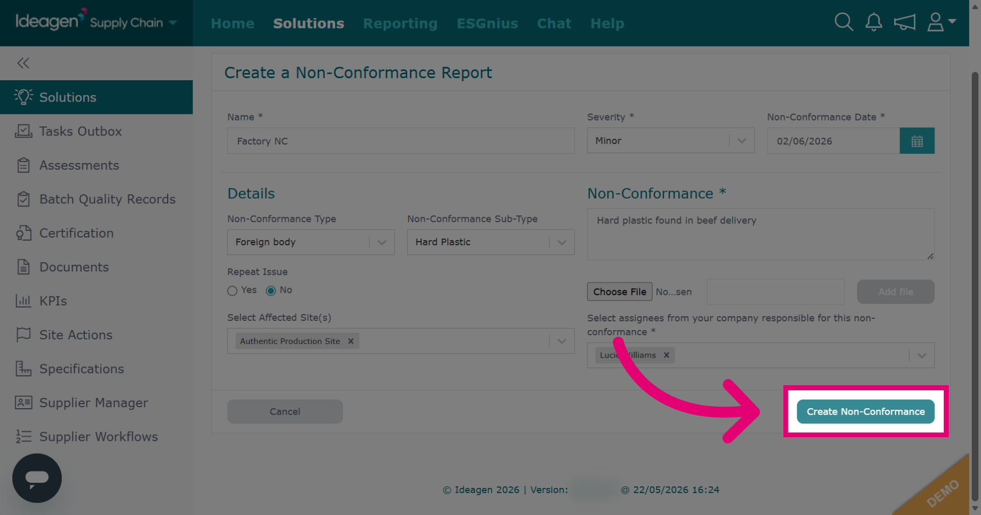Create Non-Conformance Record