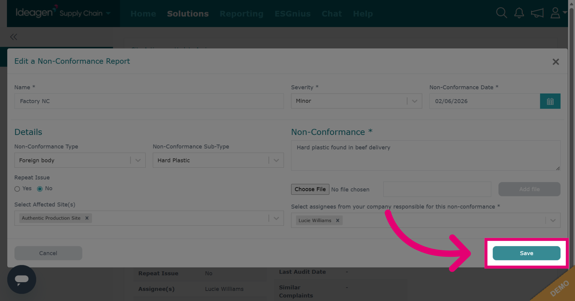 Save Non-Conformance Changes