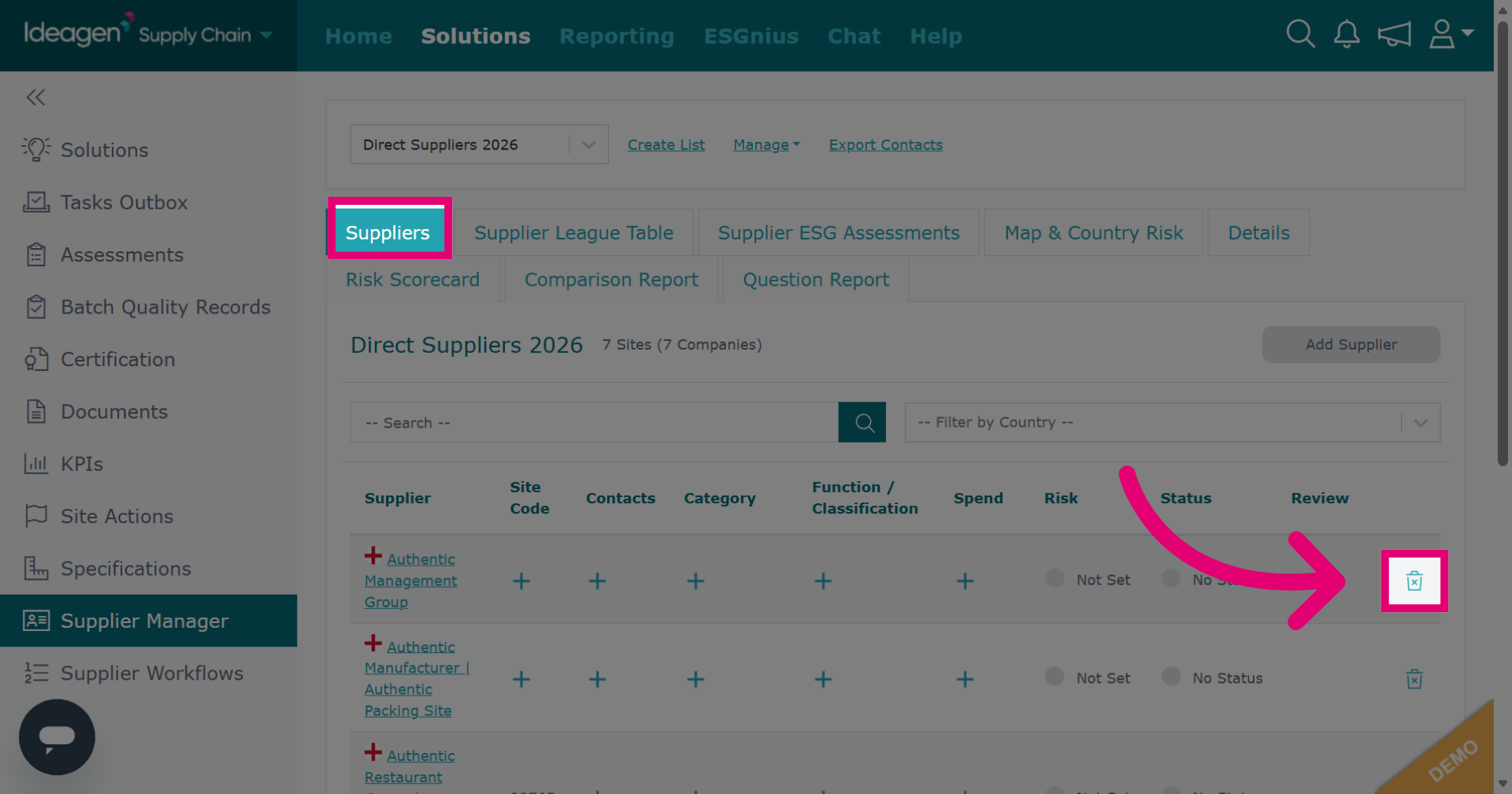 Suppliers Tab - Delete Supplier