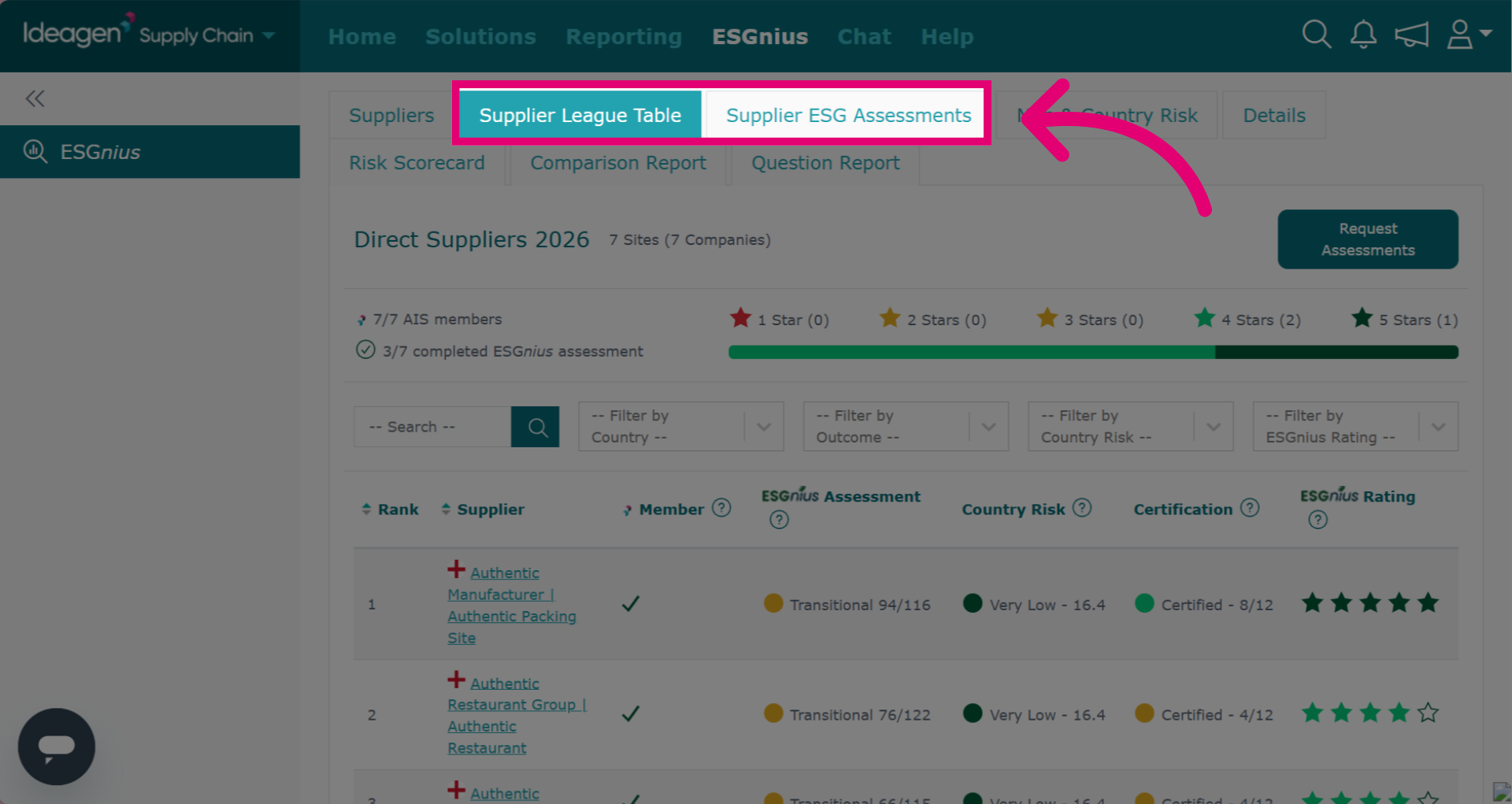 Supplier League Table & Supplier ESG Assessments Tabs