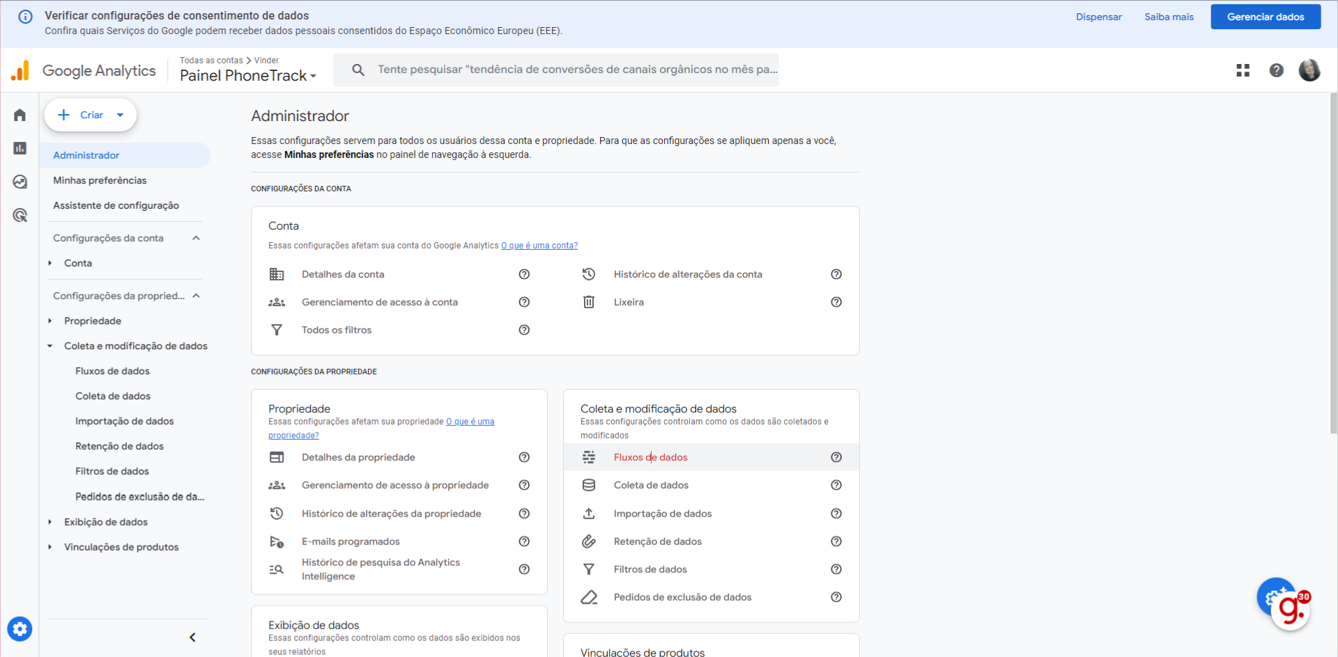 Troque para 'analytics.google.com'