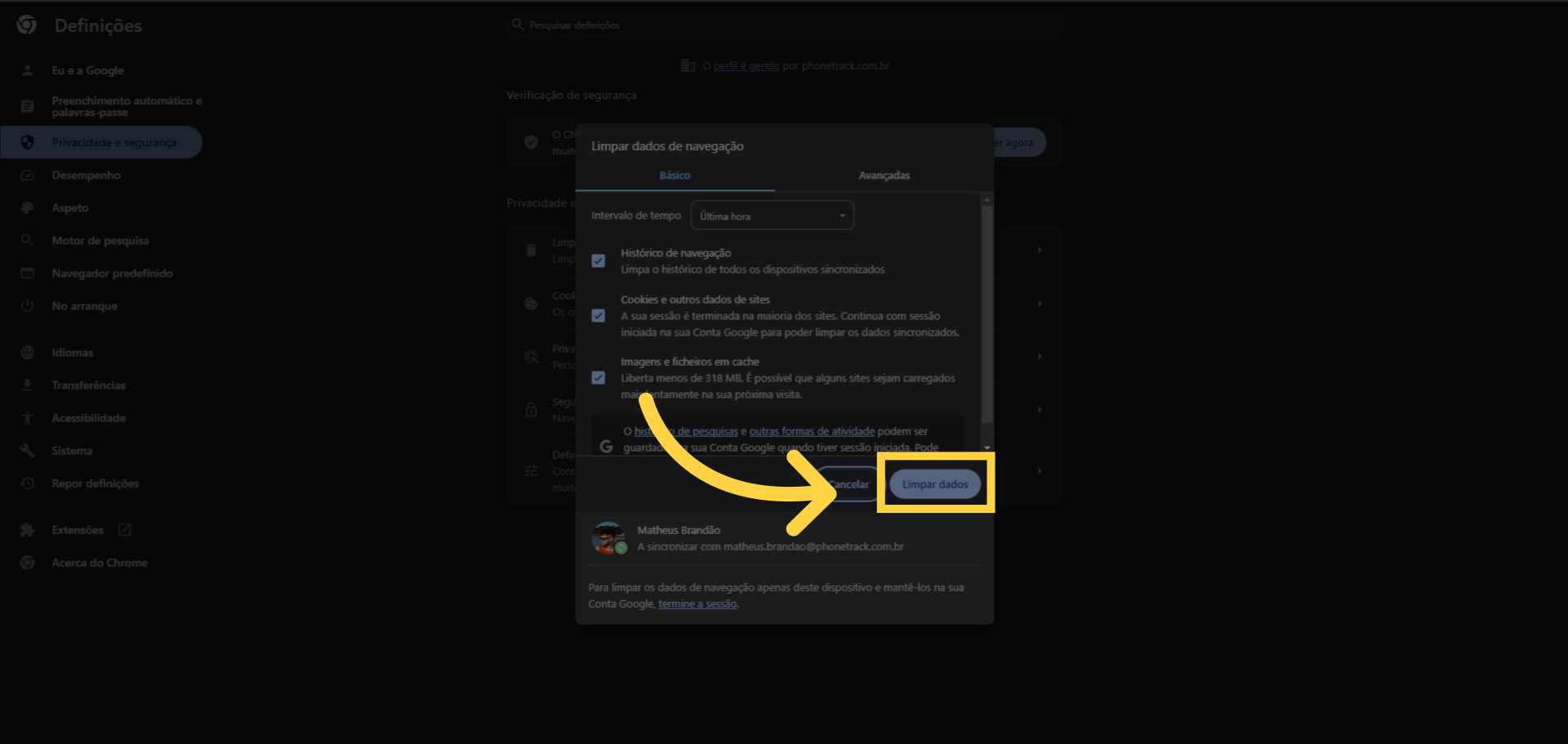 Em 'Limpar dados'