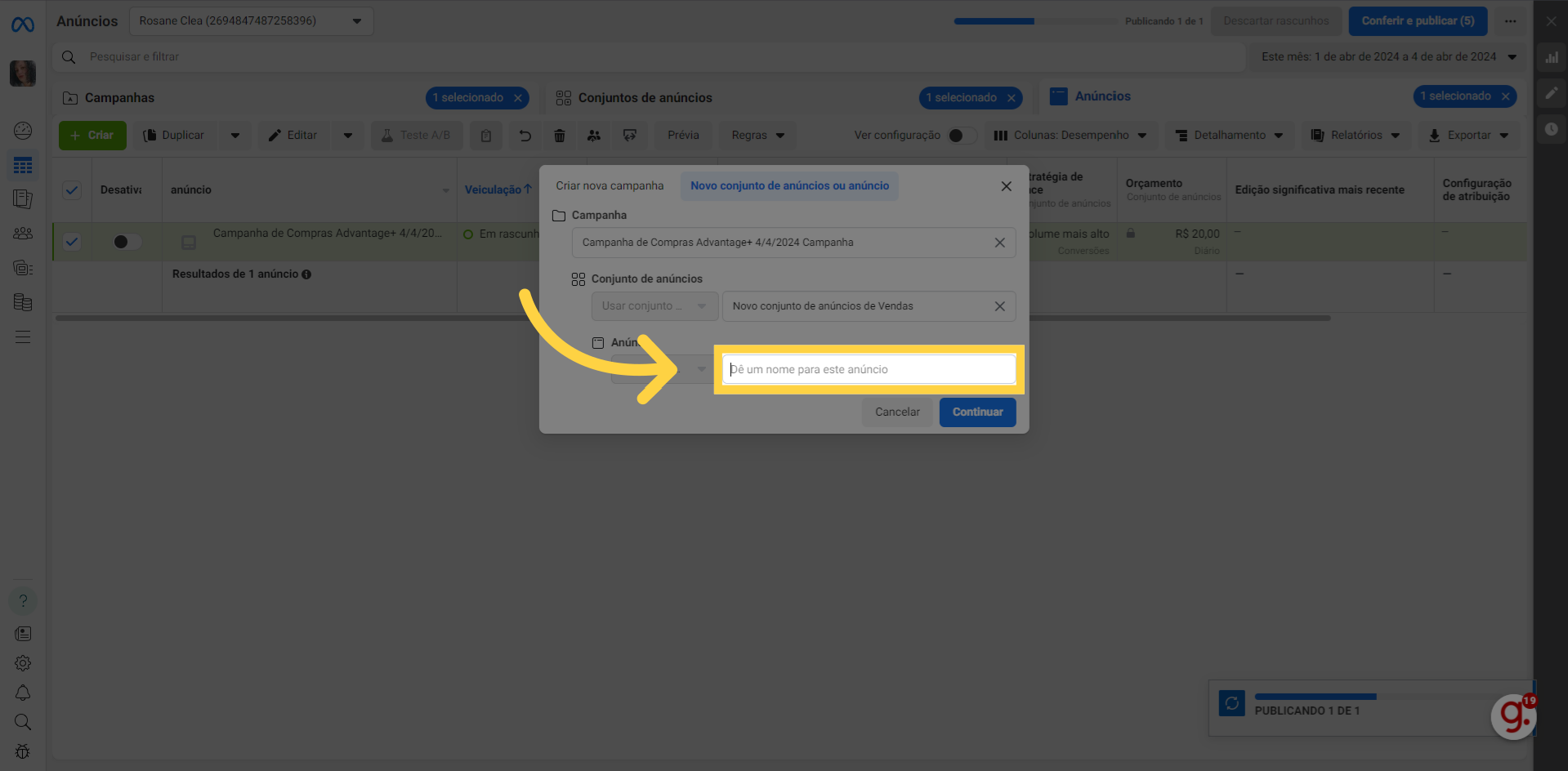 Clique 'Dê um nome para este anúncio'