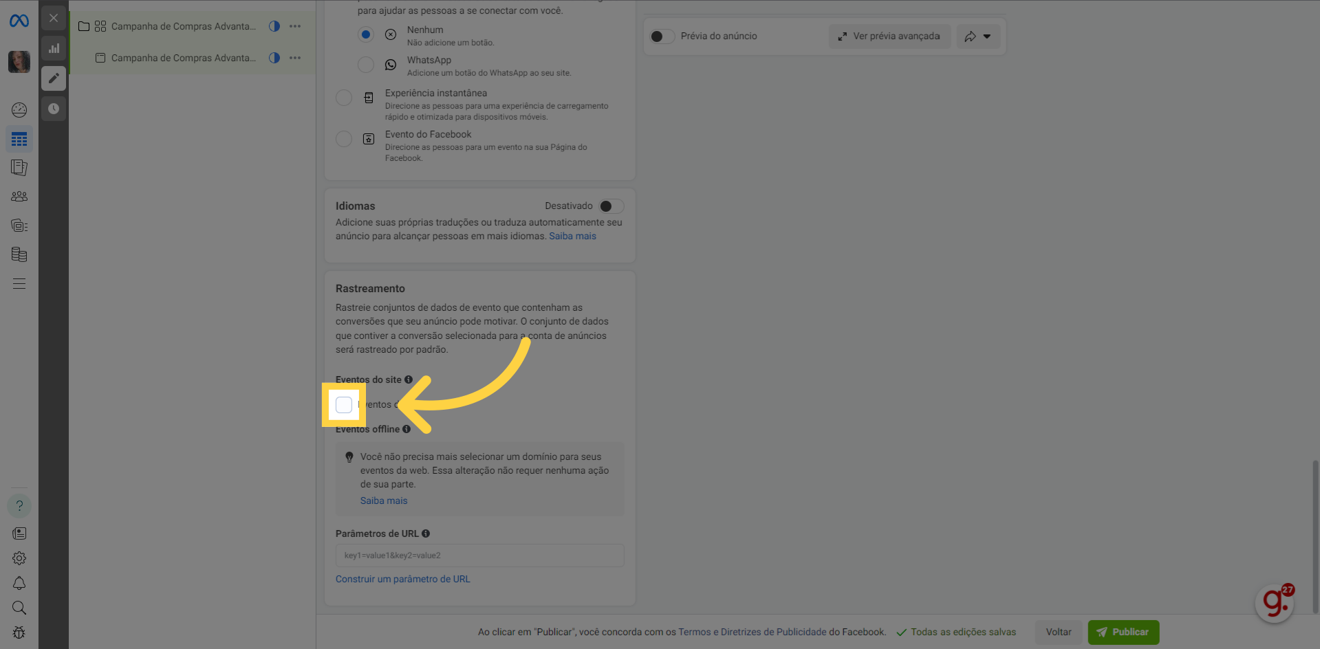 Clique 'eventos do site' marcando essa opção