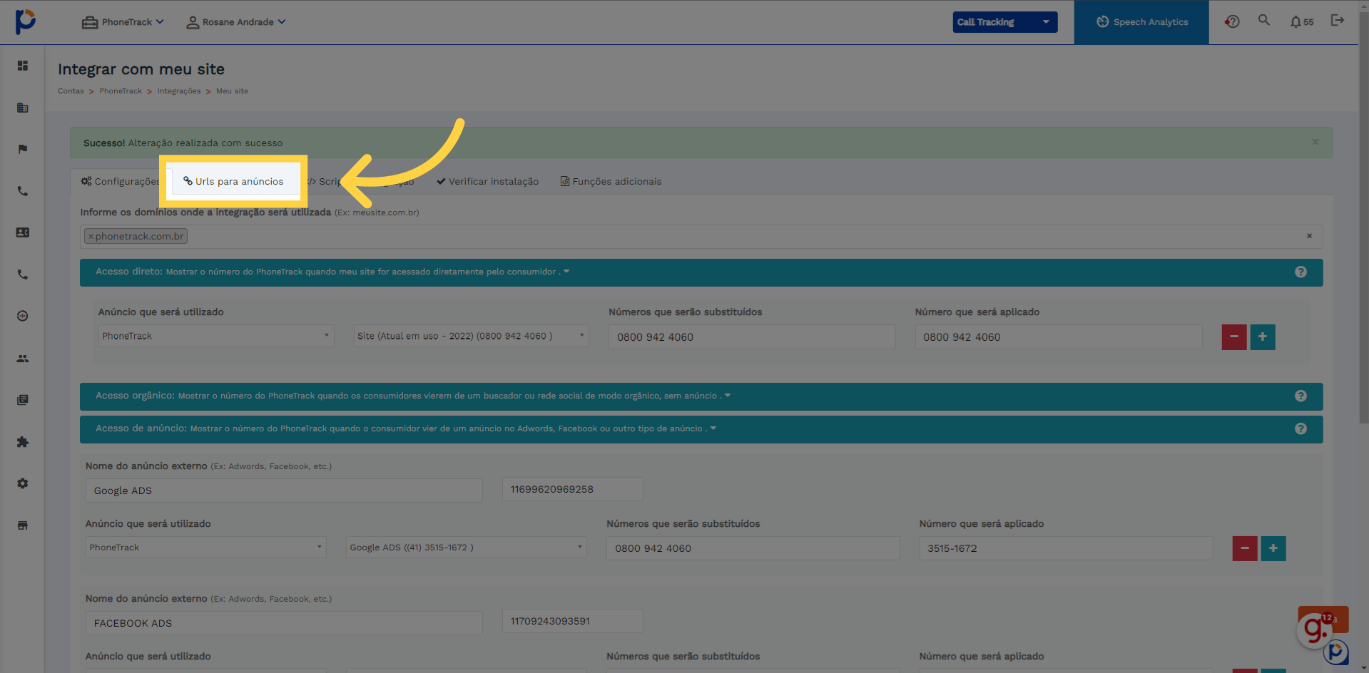 Ou clique 'Urls para anúncios'