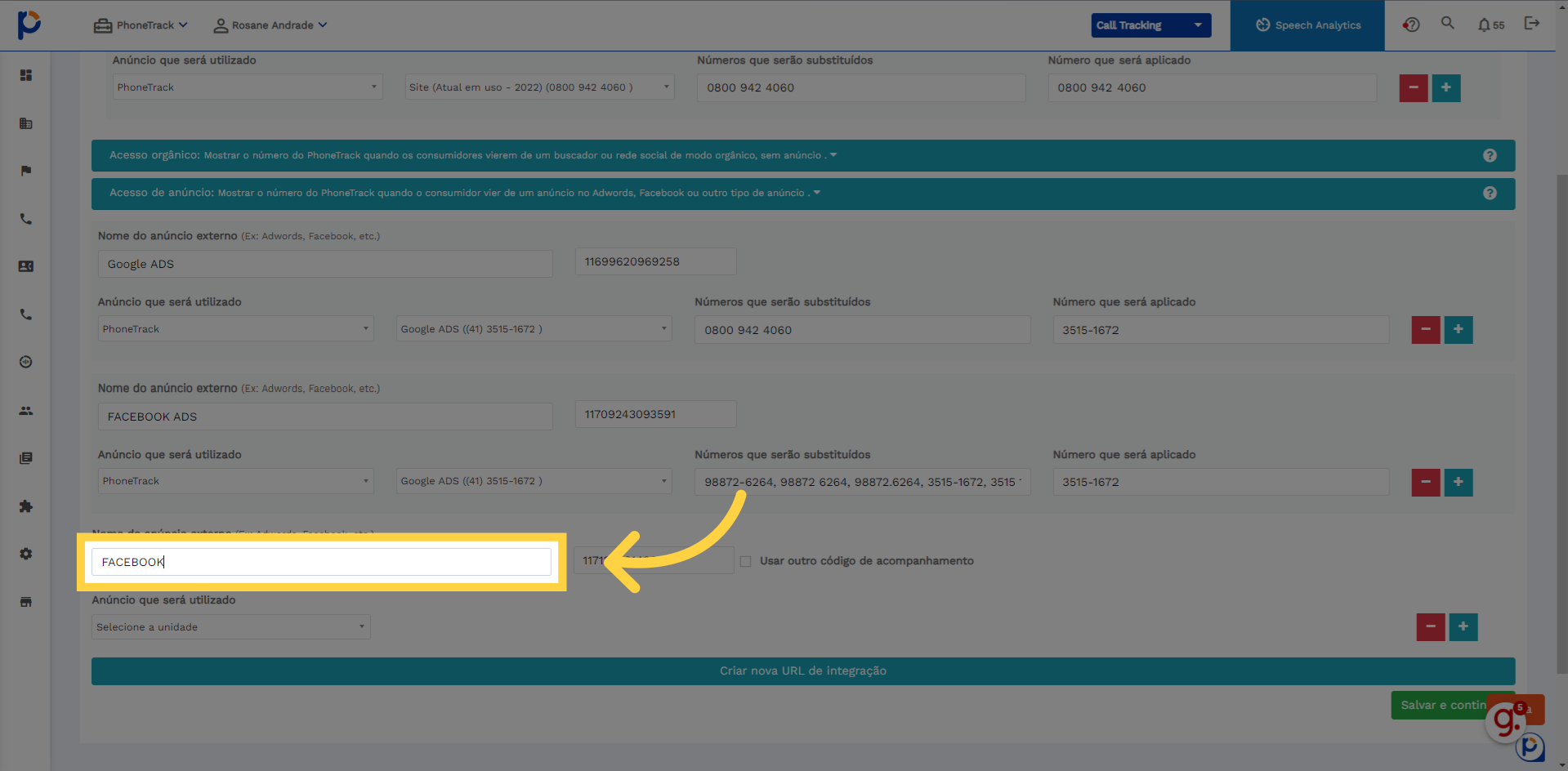 Conforme exemplo 'FACEBOOK'