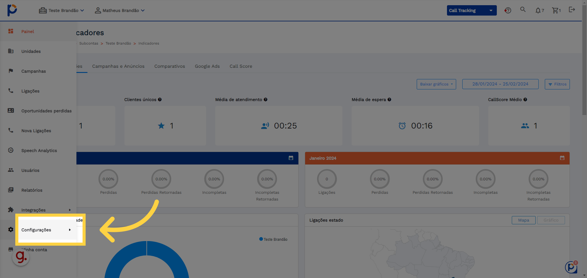 No seu painel, clique em 'Configurações', na aba lateral.