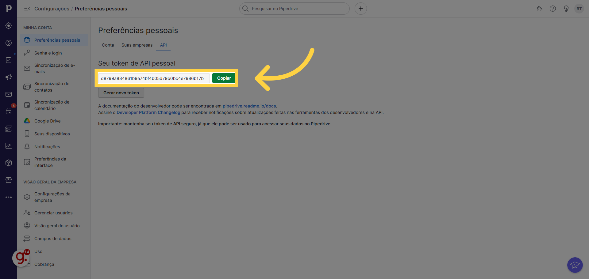 Copie o seu Token