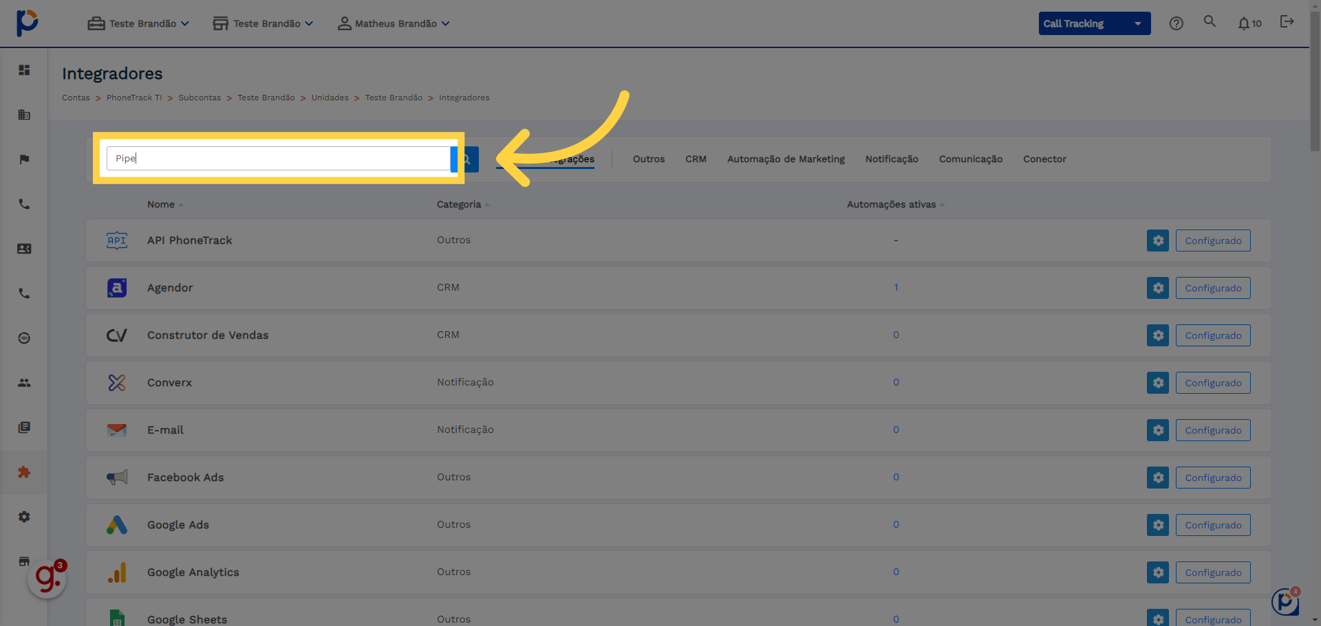 Preencha com 'PipeDrive'