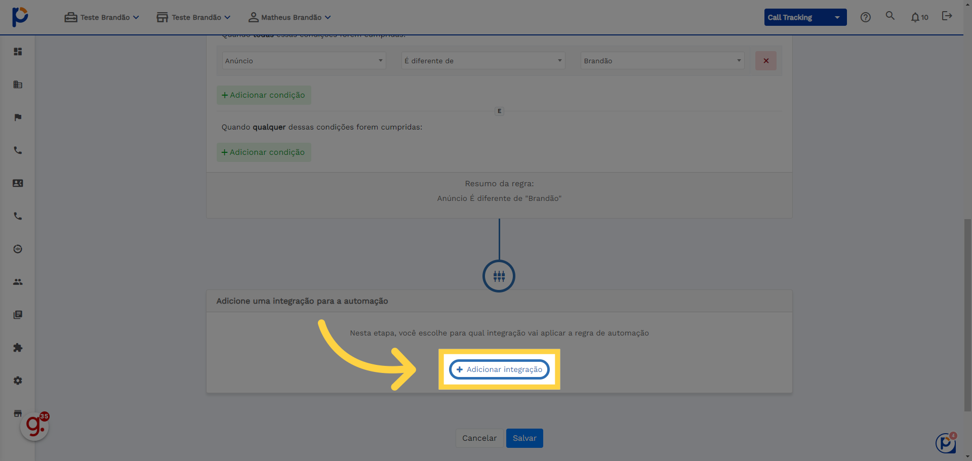 Clique em 'Adicionar integração'
