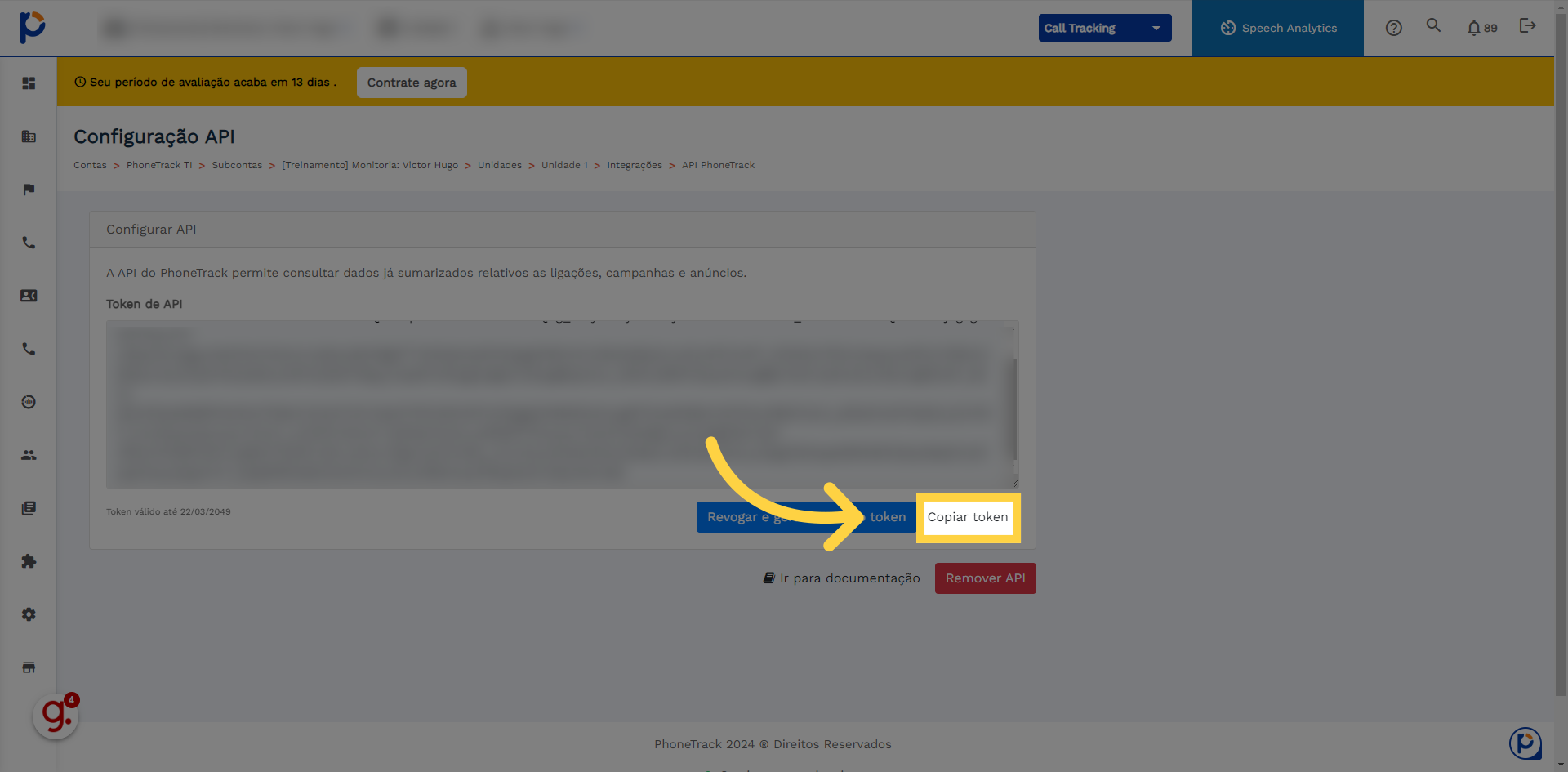 Clique em 'Copiar token' para utilizar a nossa API em suas aplicações