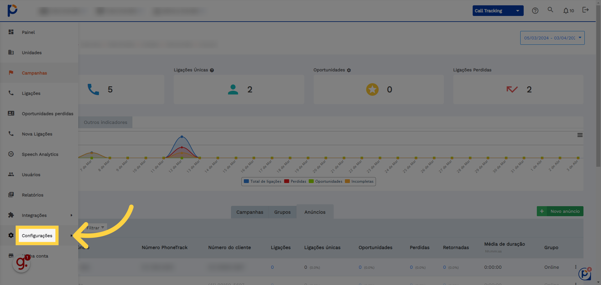 Para configurá-las, primeiramente clique em 'Configurações'