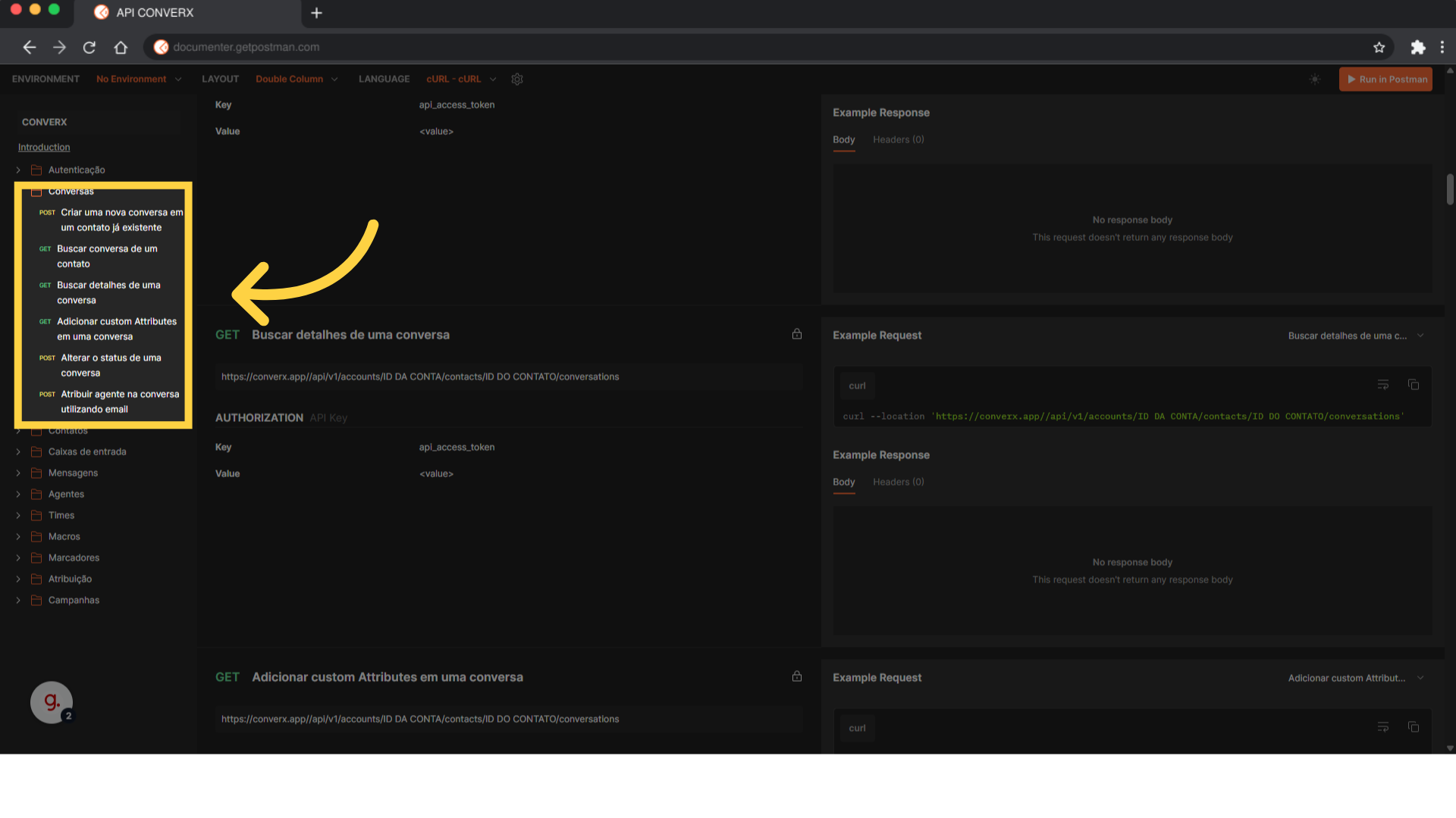 Clique para acessar as opções disponíveis