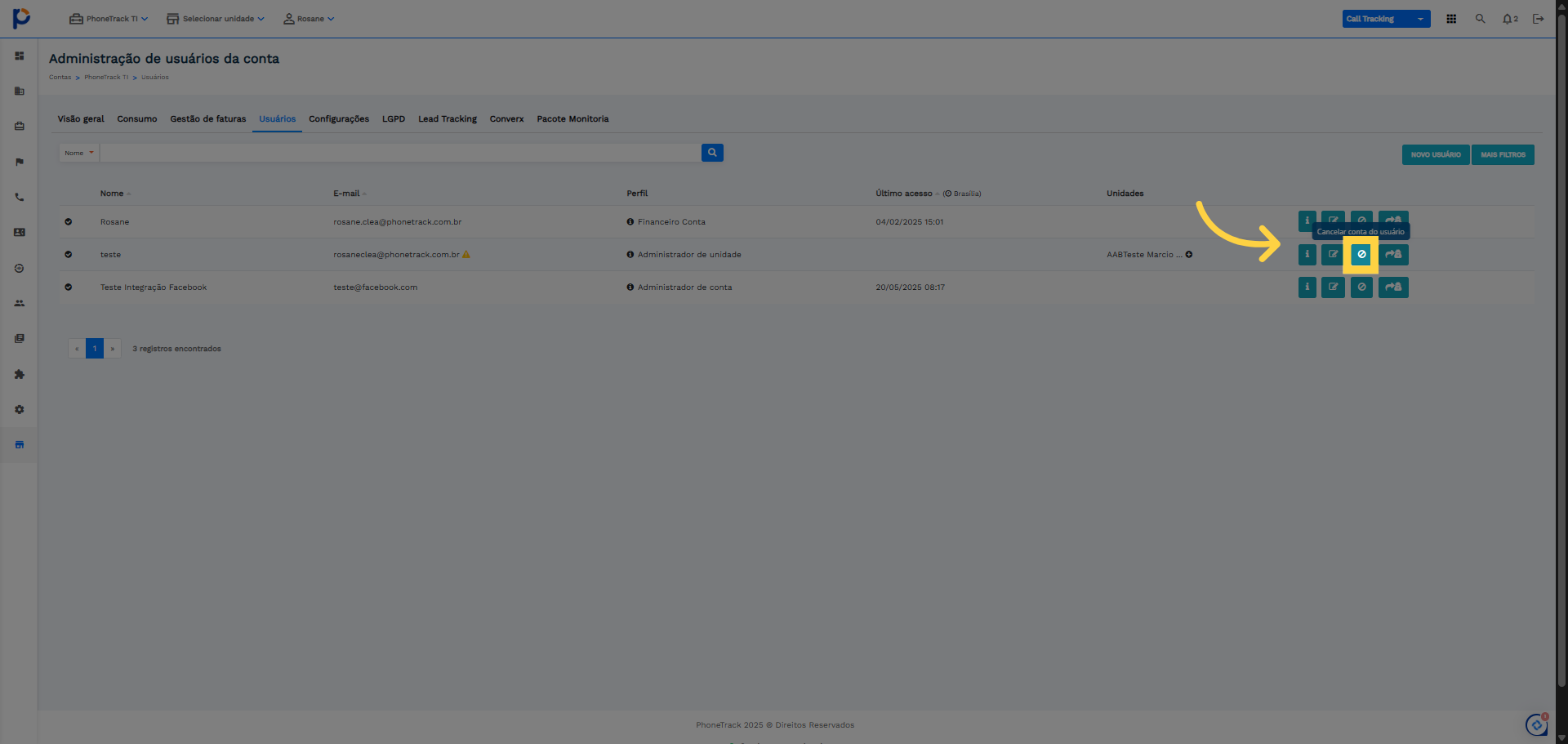 Verifique qual o usuário que será removido